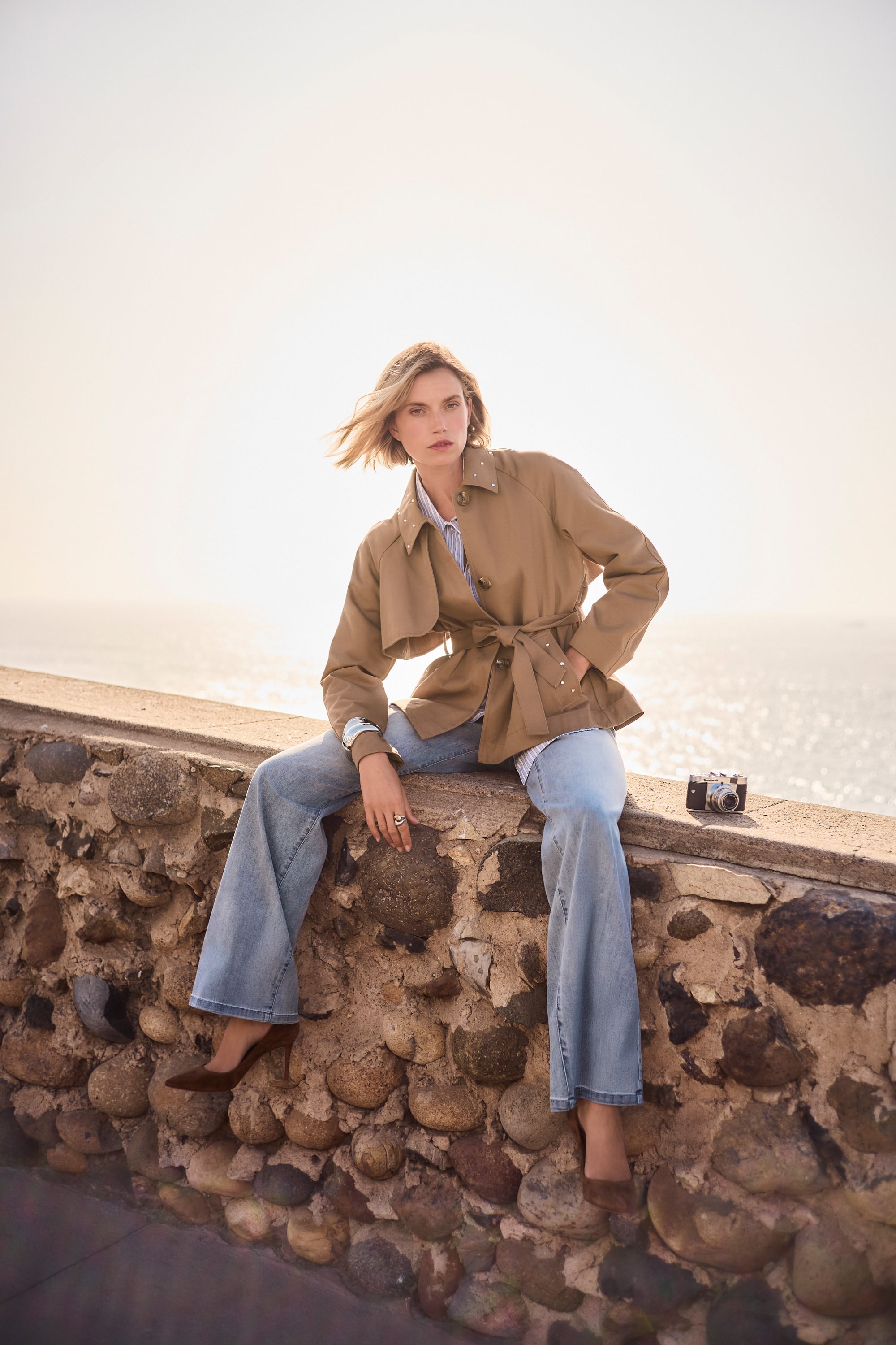 Cotton Twill Short Trench with Belt and Rhinestones Detail