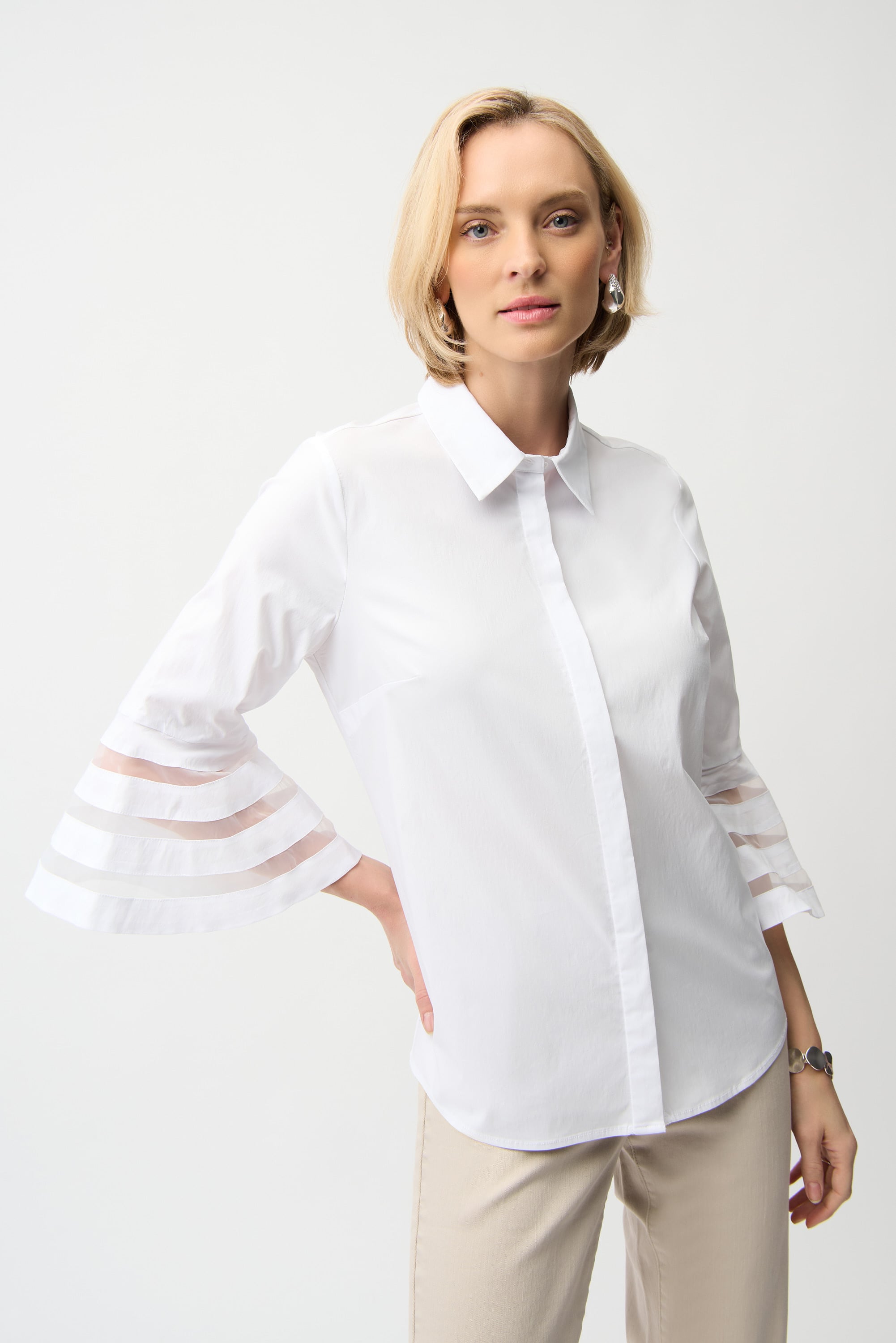 Stretch Poplin Straight Blouse with Organza Bell Sleeves