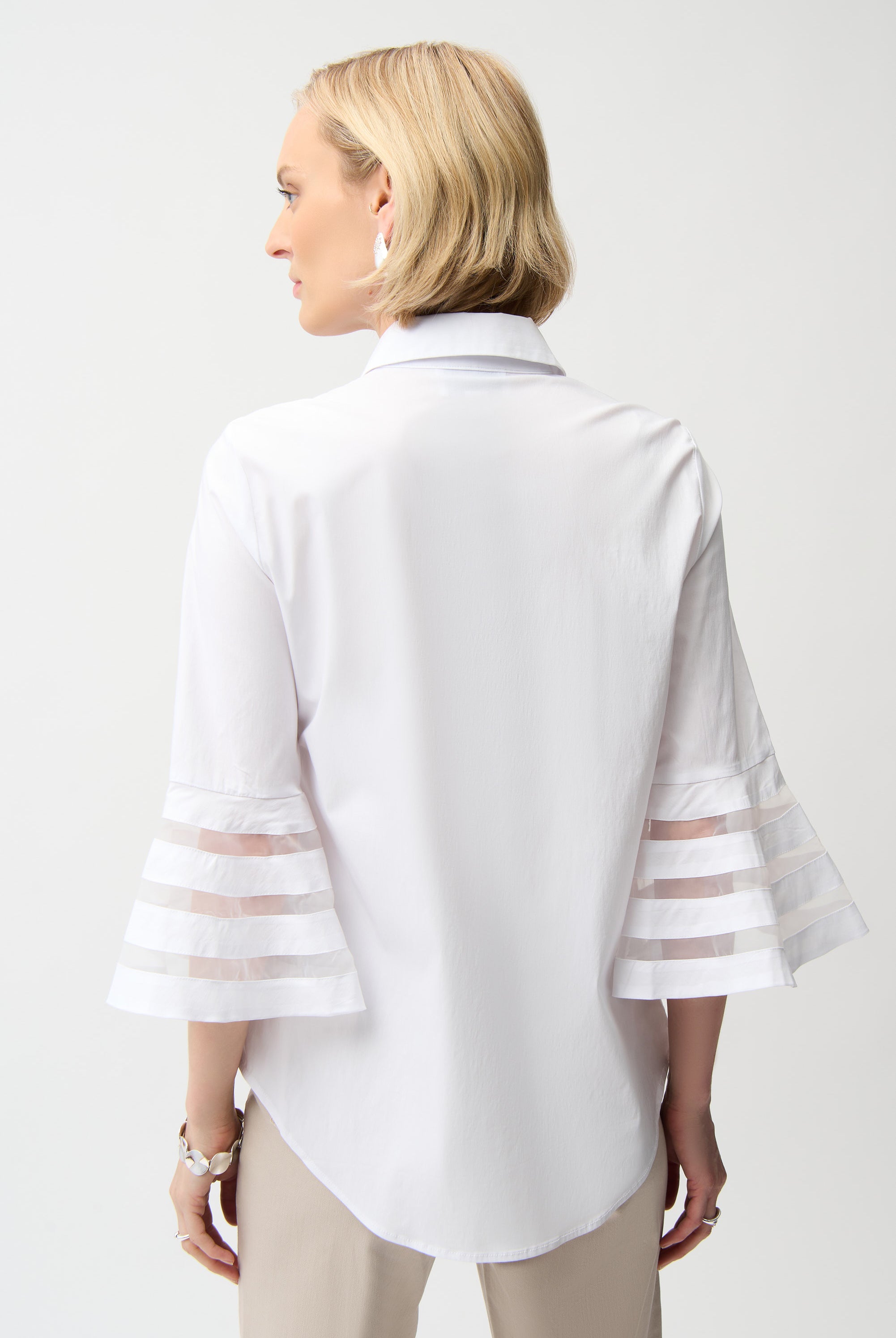 Stretch Poplin Straight Blouse with Organza Bell Sleeves