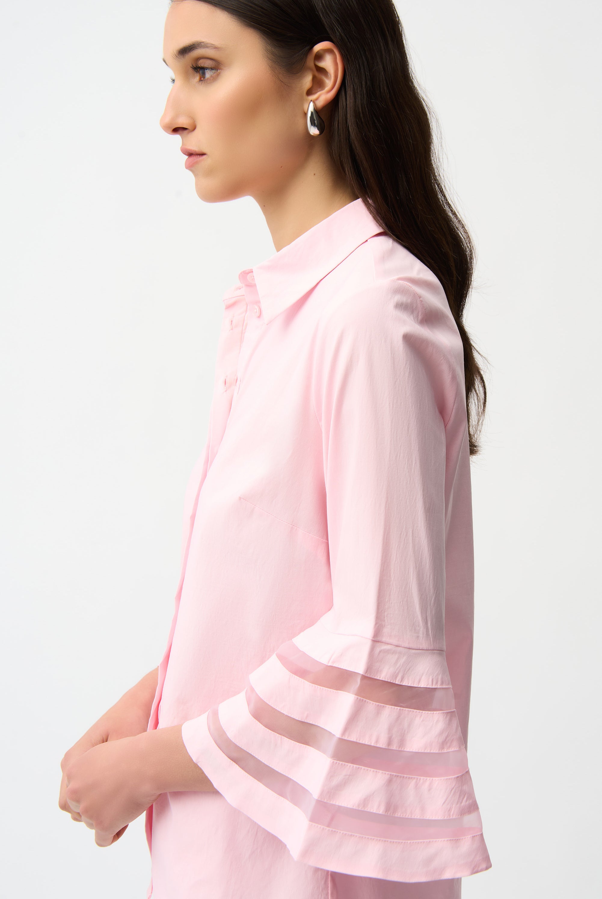 Stretch Poplin Straight Blouse with Organza Bell Sleeves