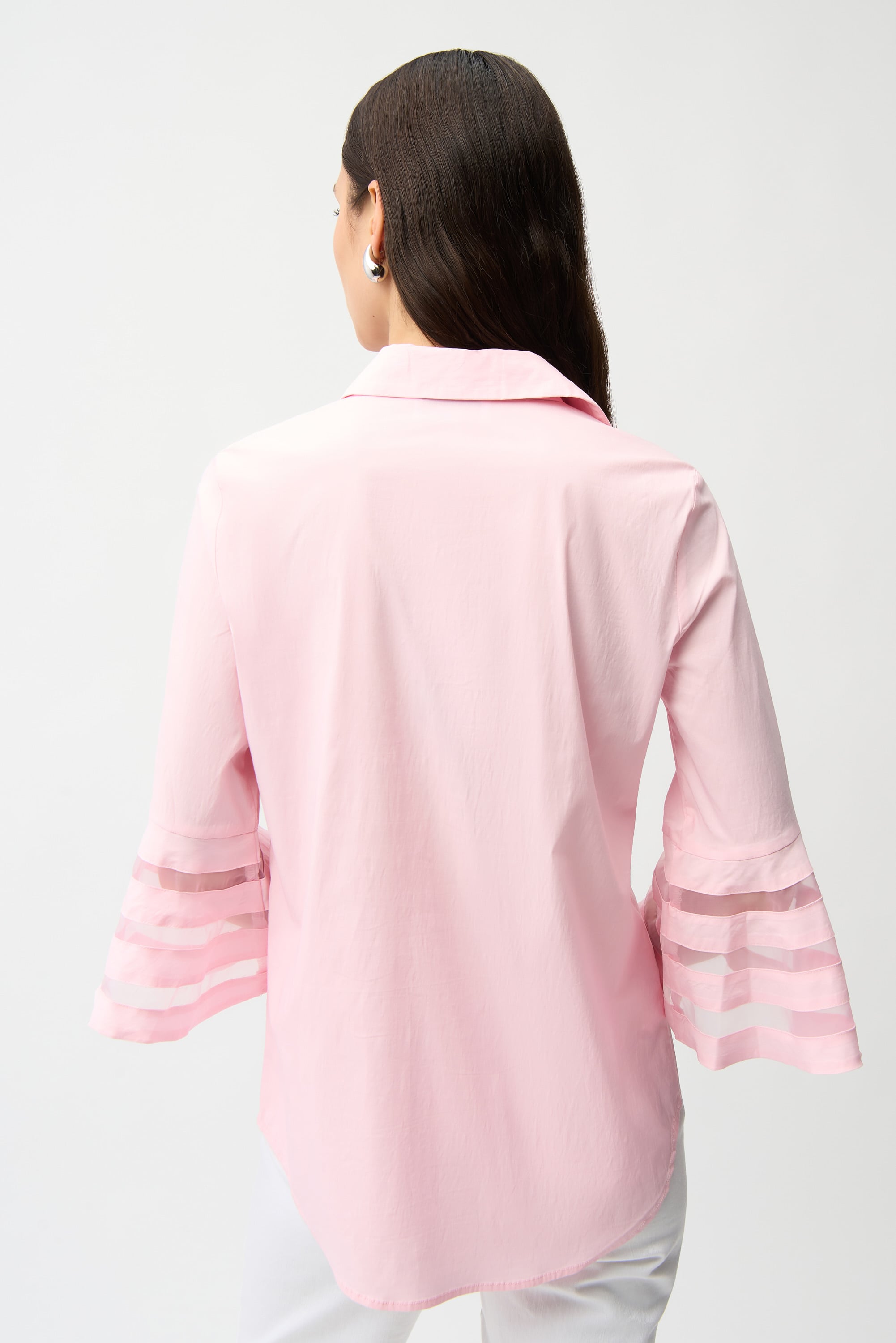 Stretch Poplin Straight Blouse with Organza Bell Sleeves