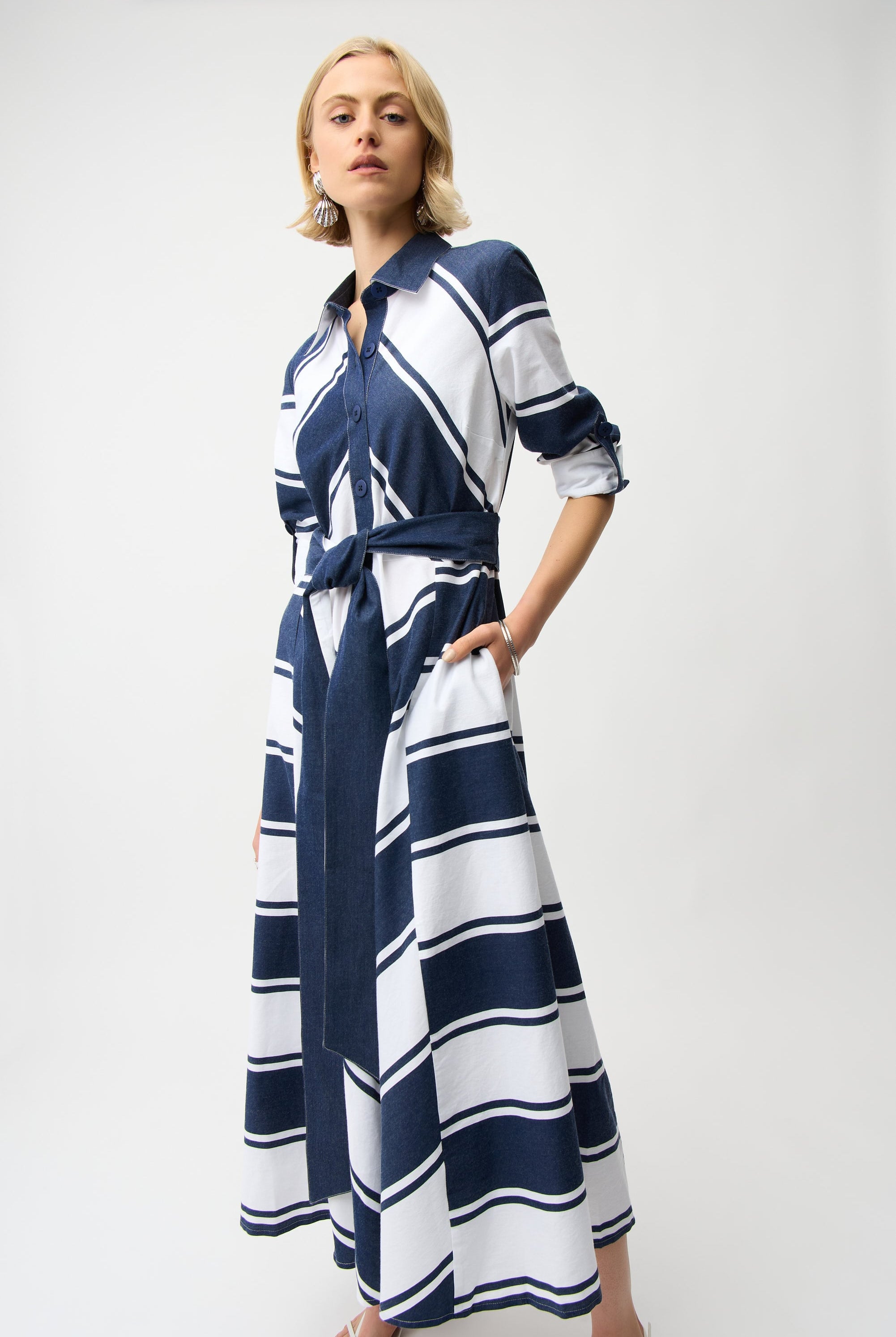 Cotton Stripe Print Fit and Flare Shirt Dress with Reversible Sash