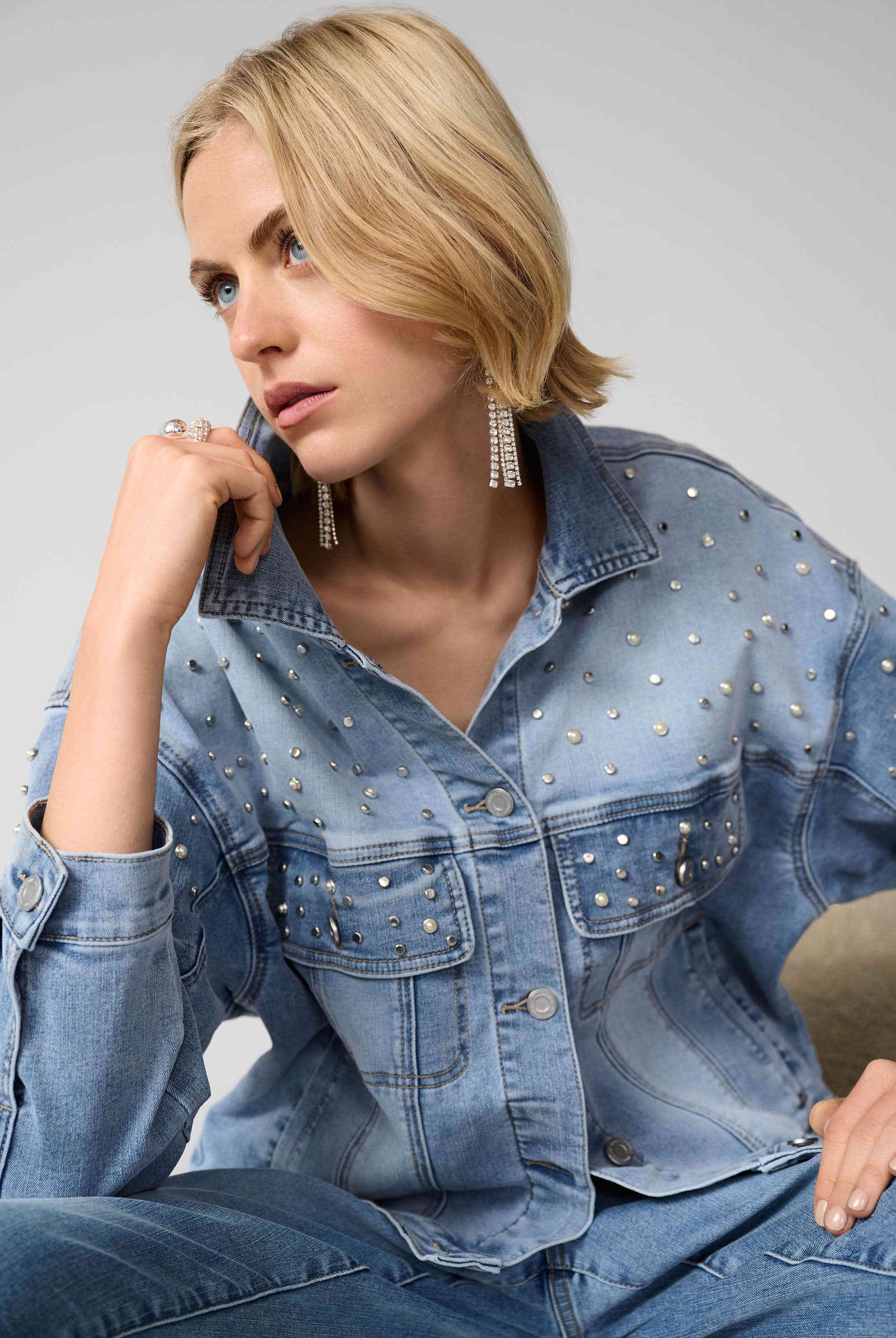 Joseph Ribkoff Denim Oversized Jacket With Pearls and Studs | Unique Apparel USA