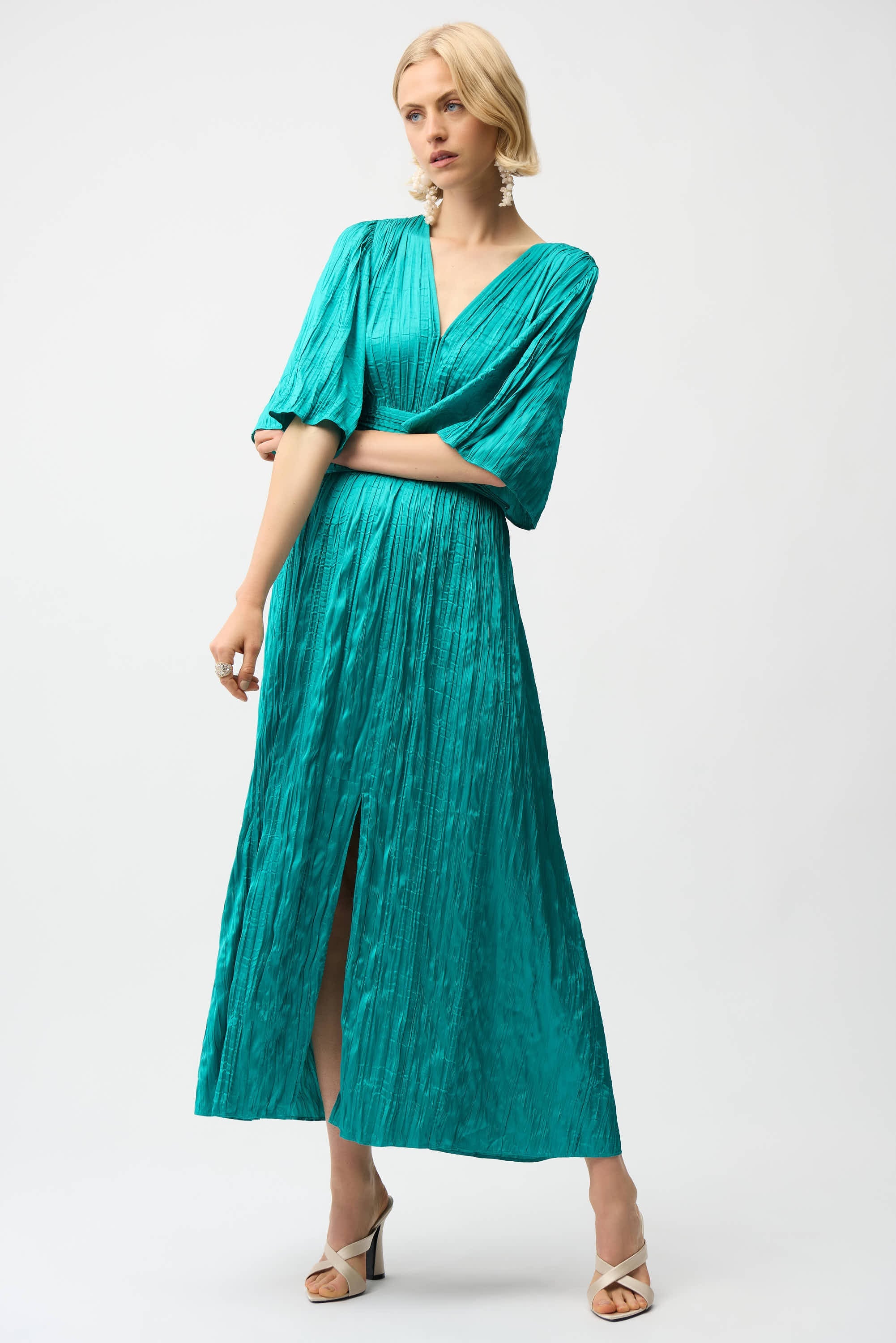 Satin Fit and Flare Pleated Dress with Knot Waist Detail