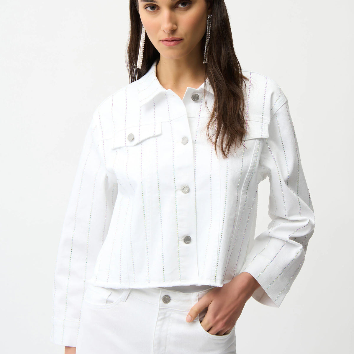 Joseph Ribkoff White Rhinestone Denim Jacket 261973 | FEATHERWEAVE