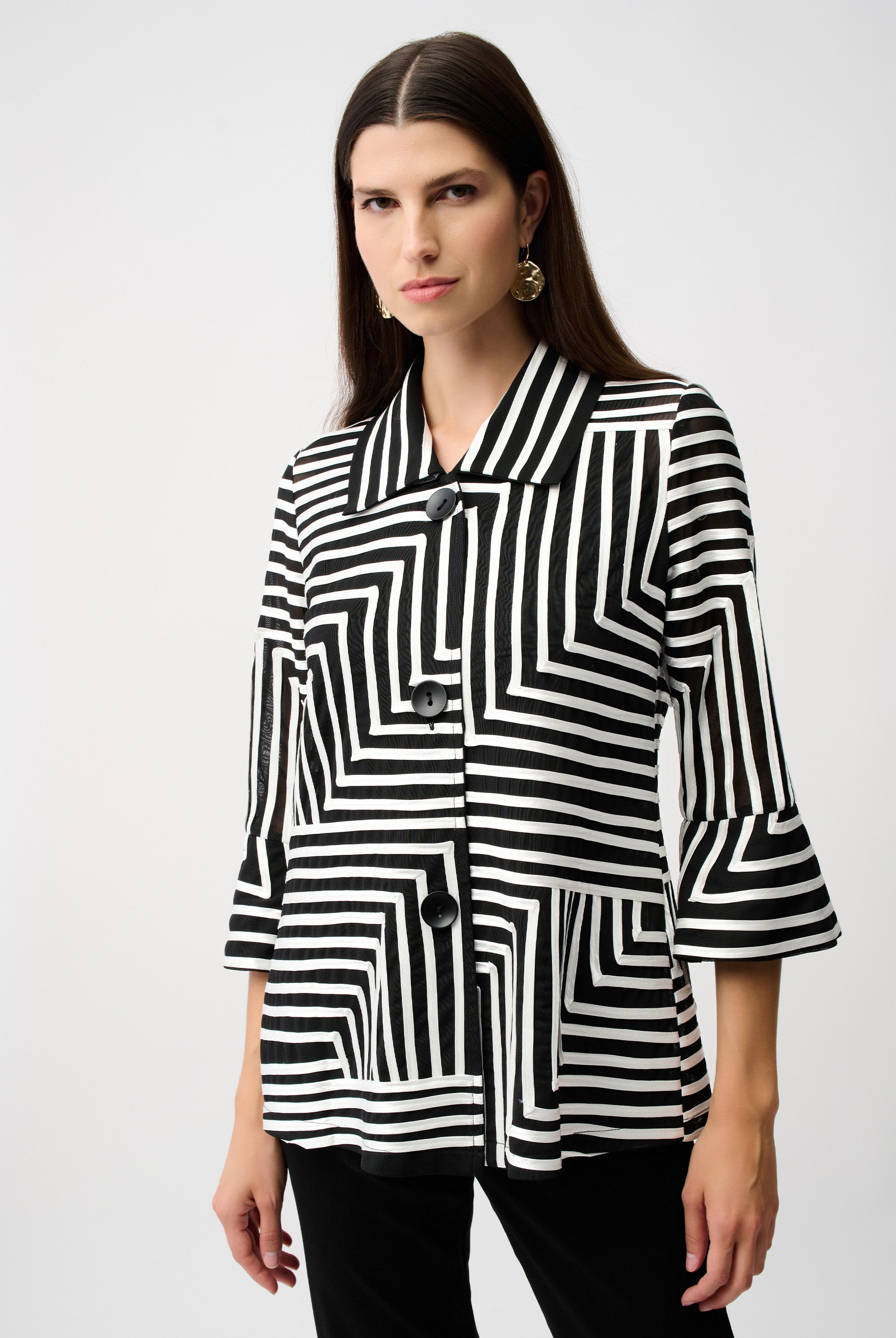 Satin And Mesh Abstract Print Jacket With Bell Sleeve