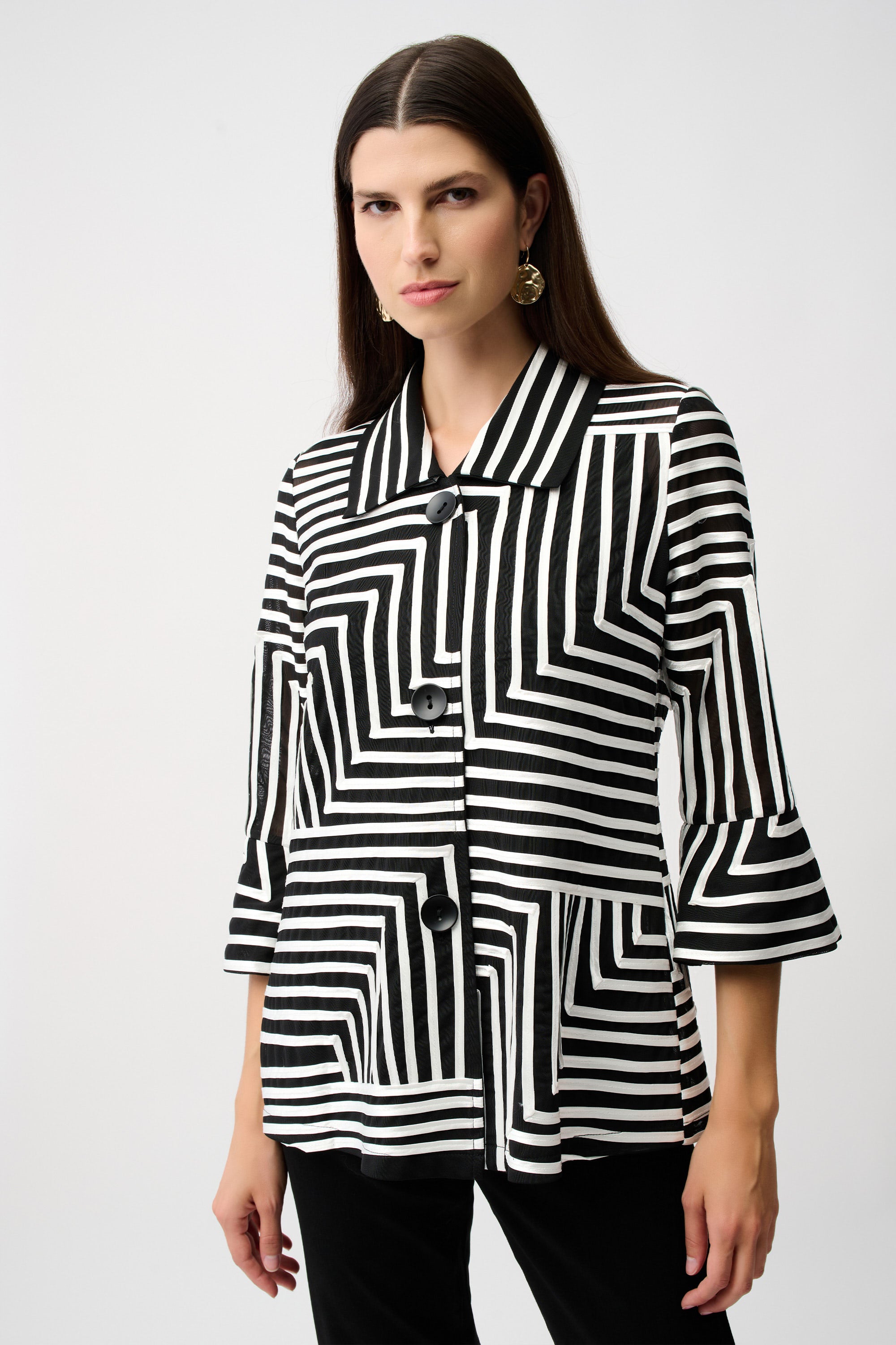 Satin And Mesh Abstract Print Jacket With Bell Sleeve