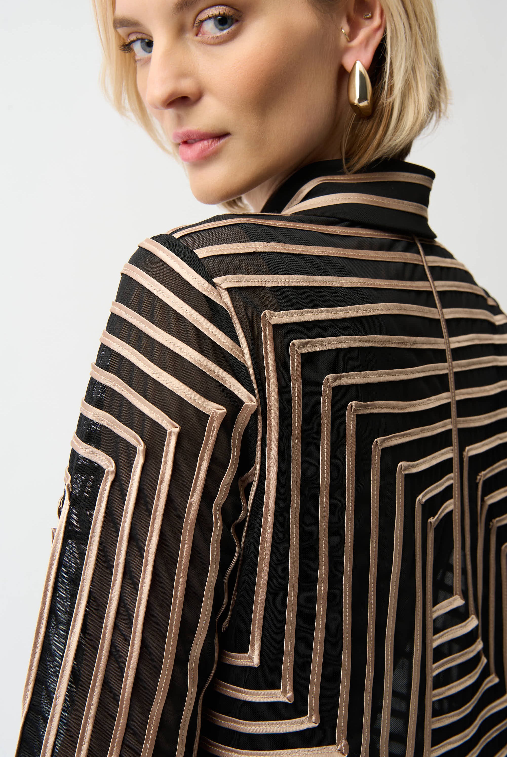 Satin And Mesh Abstract Print Jacket With Bell Sleeve