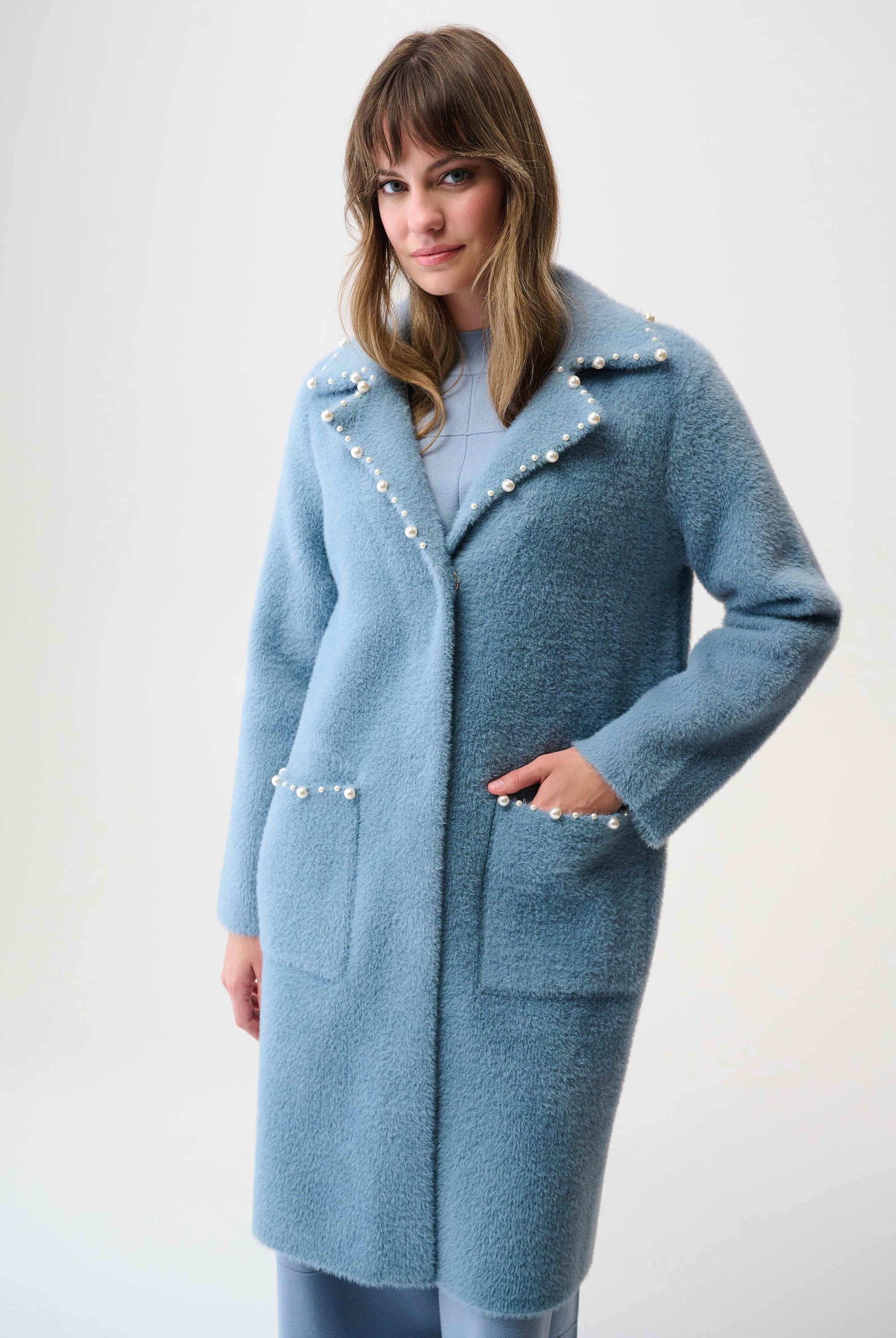 Joseph Ribkoff Feather Yarn Sweater Coat with Pearl Trim | Unique Apparel USA