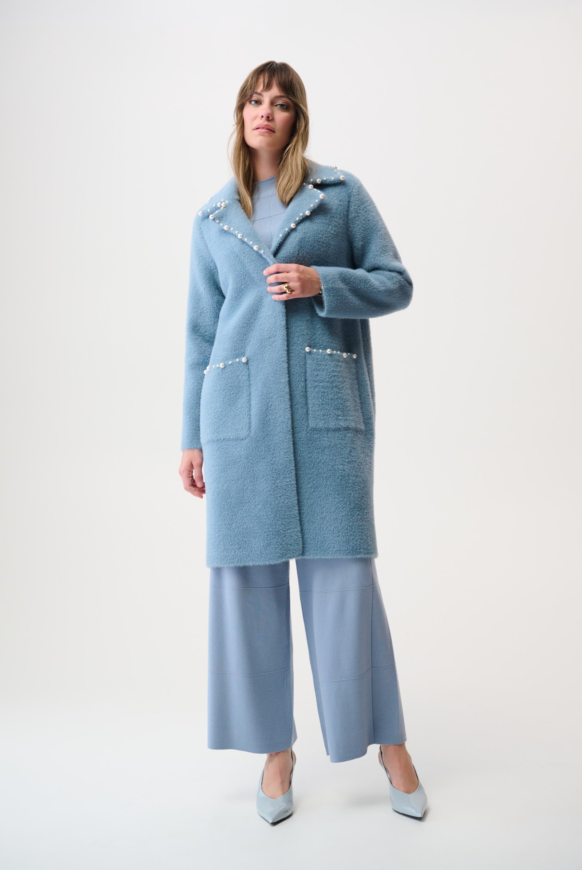 Feather Yarn Sweater Coat with Pearl Trim