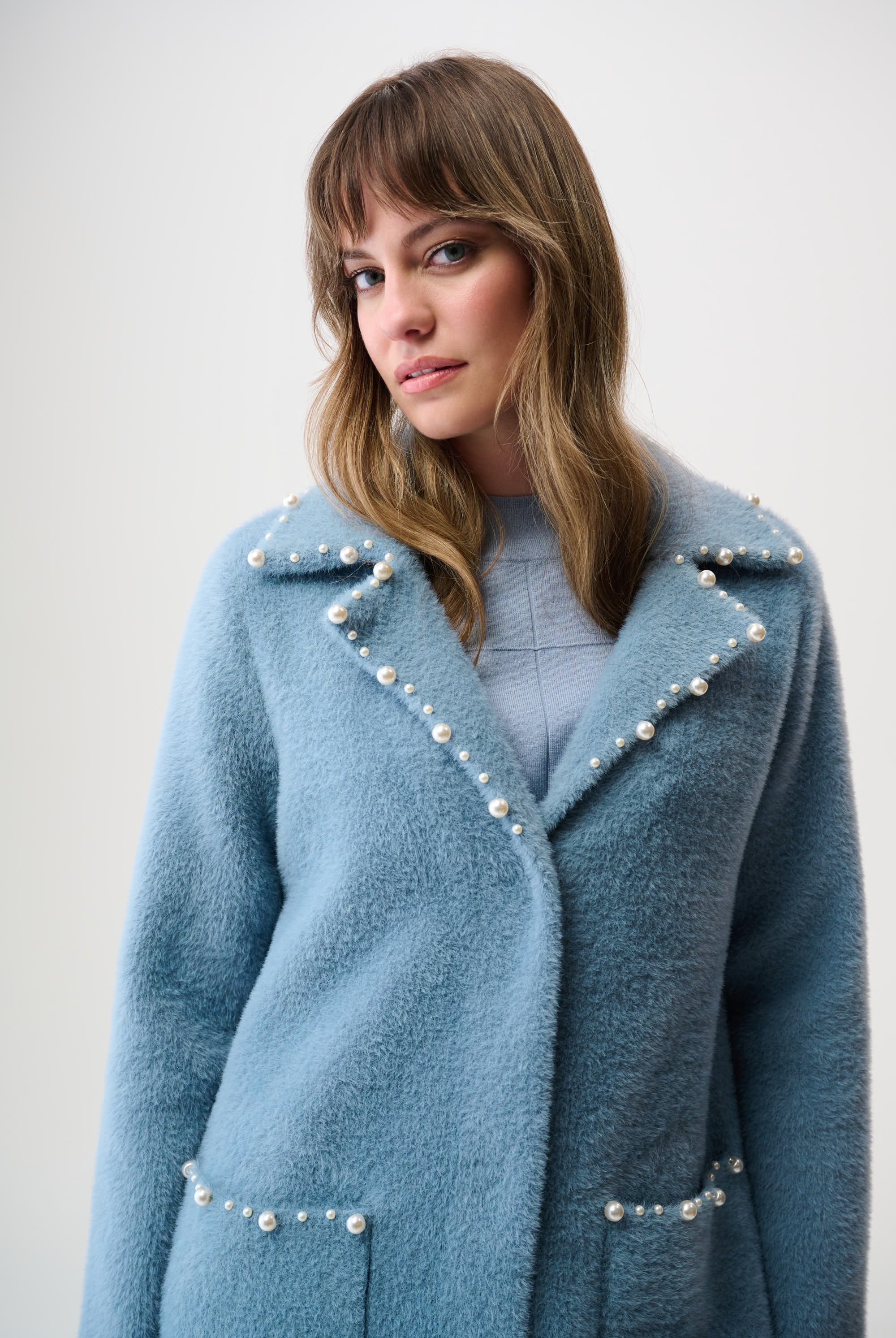 Feather Yarn Sweater Coat with Pearl Trim