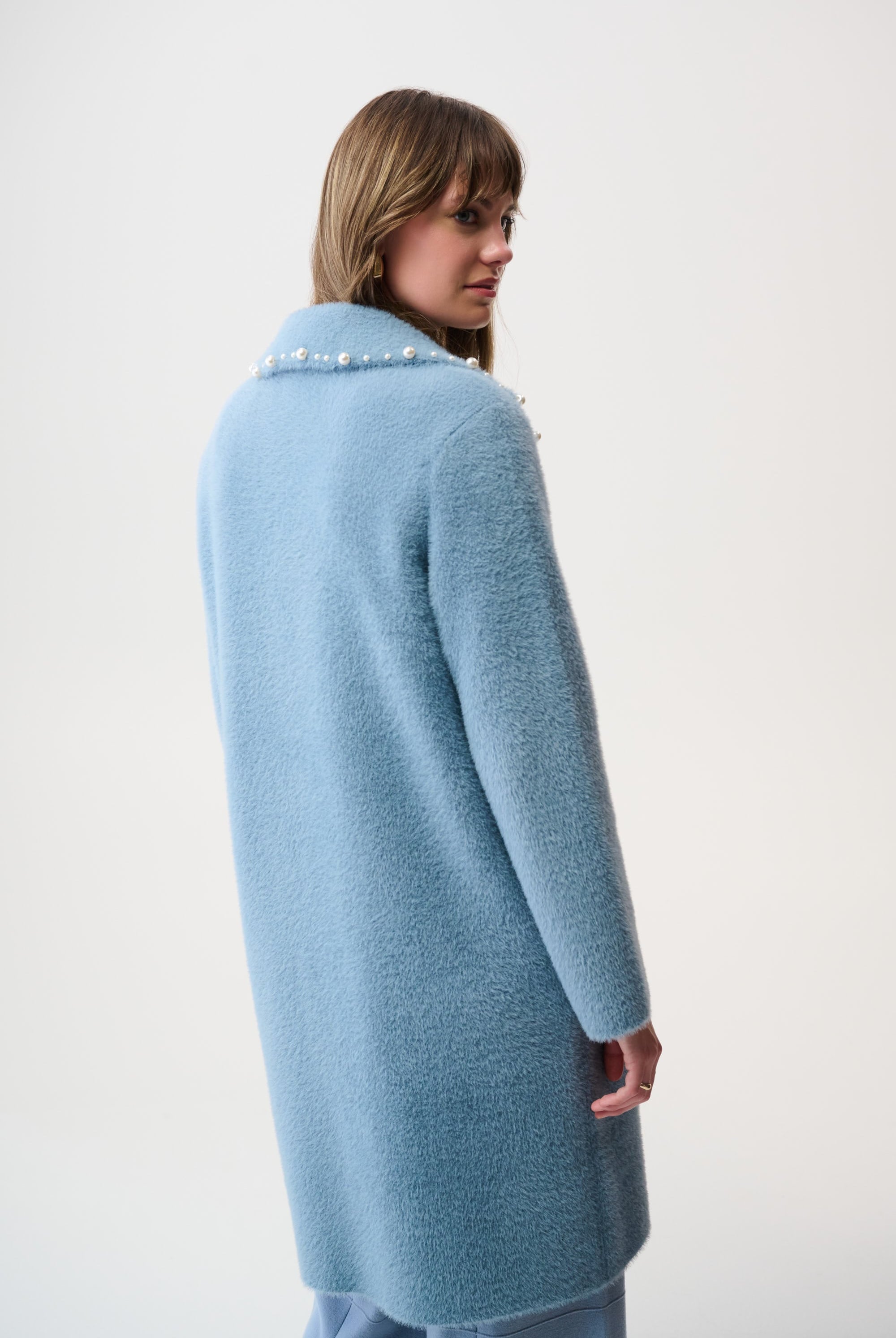 Feather Yarn Sweater Coat with Pearl Trim
