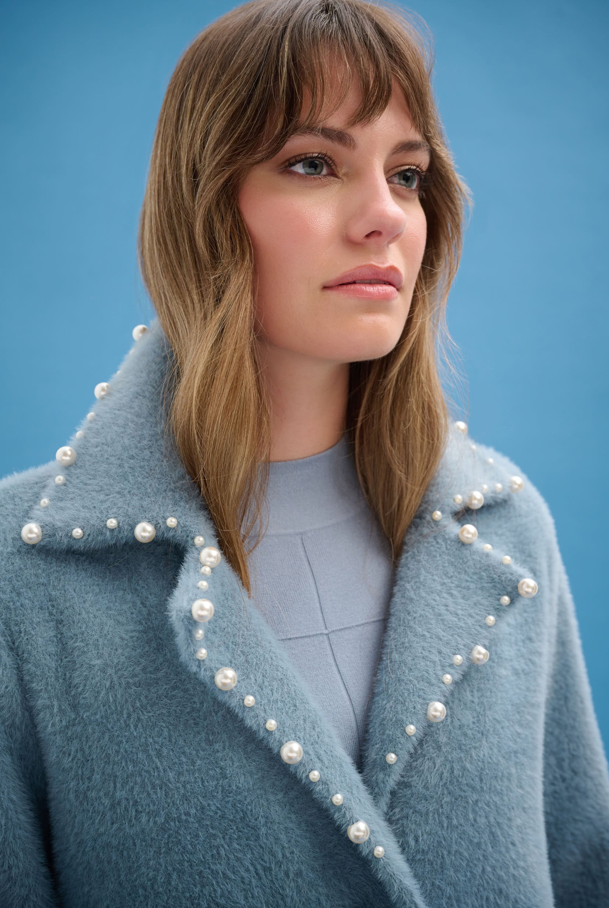Feather Yarn Sweater Coat with Pearl Trim