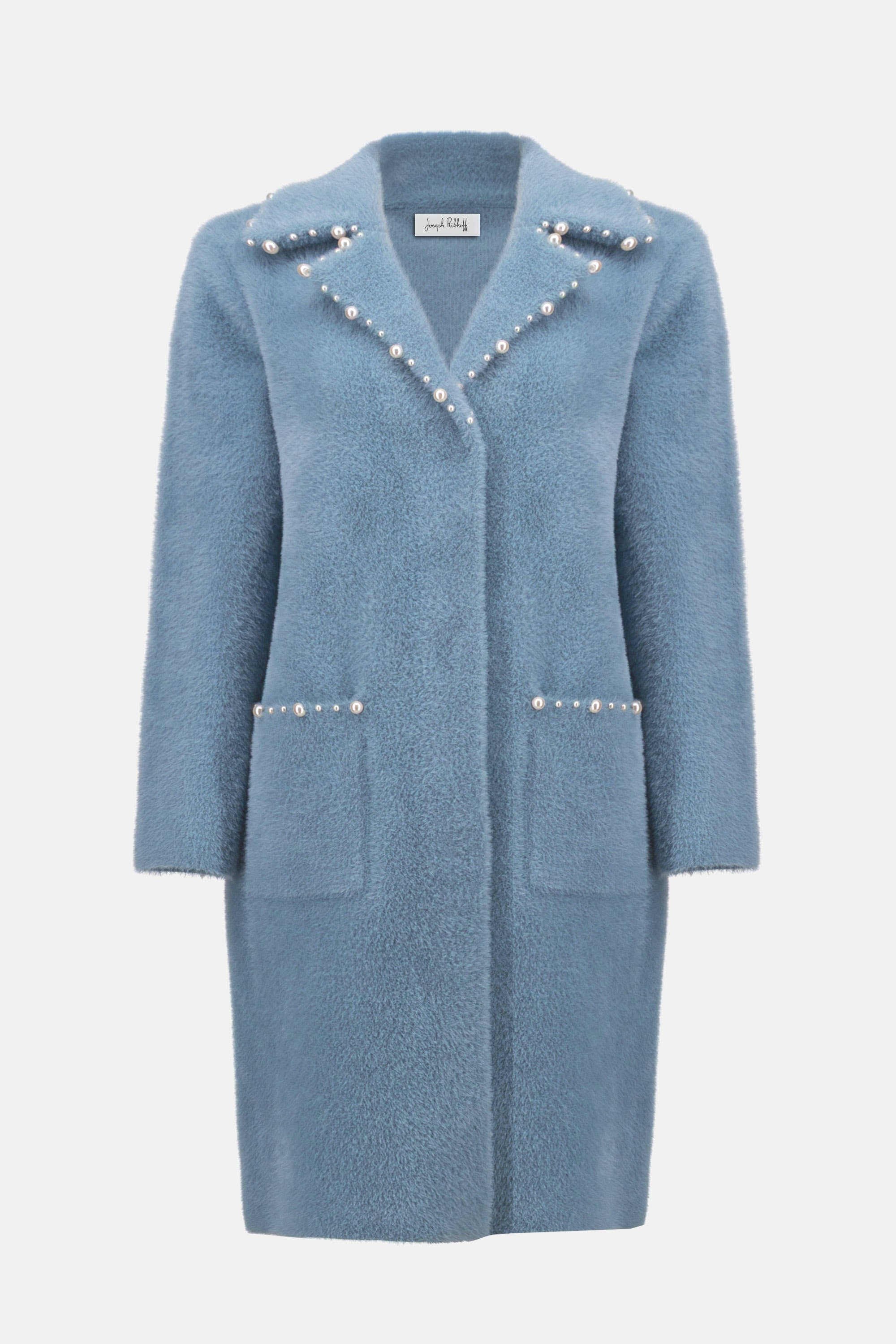 Feather Yarn Sweater Coat with Pearl Trim