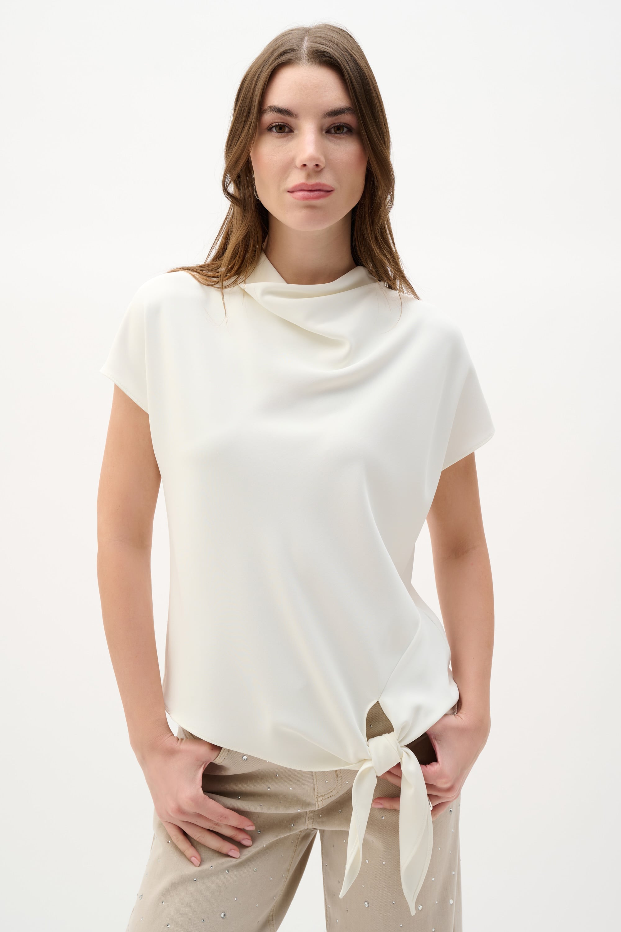 Woven Twill Boxy Top With Cowl Neck