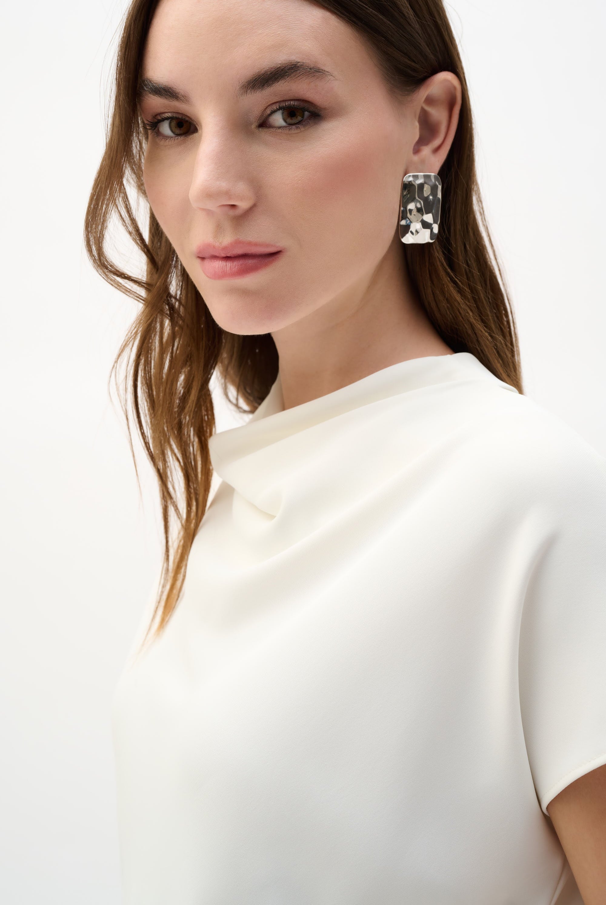 Woven Twill Boxy Top With Cowl Neck