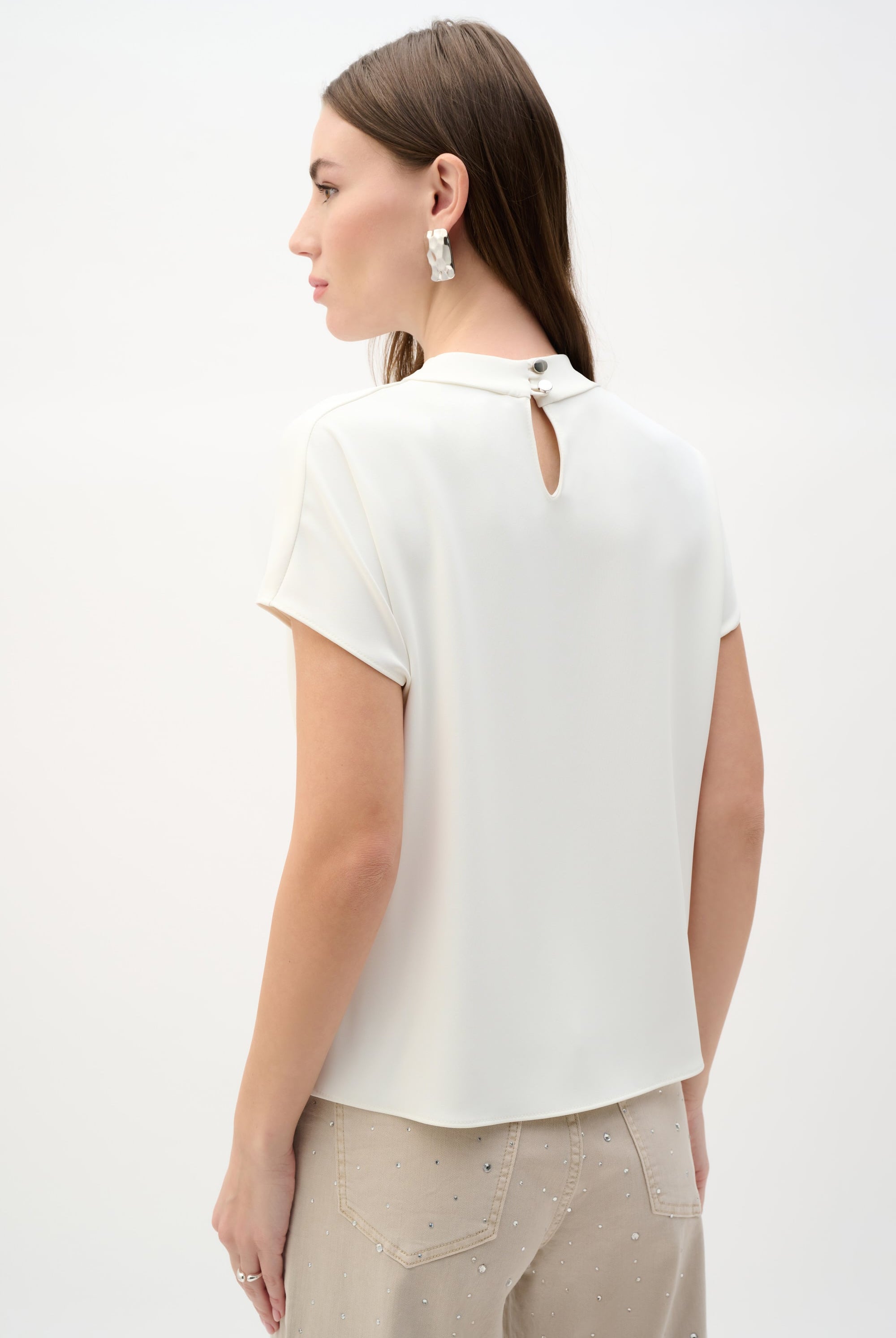 Woven Twill Boxy Top With Cowl Neck