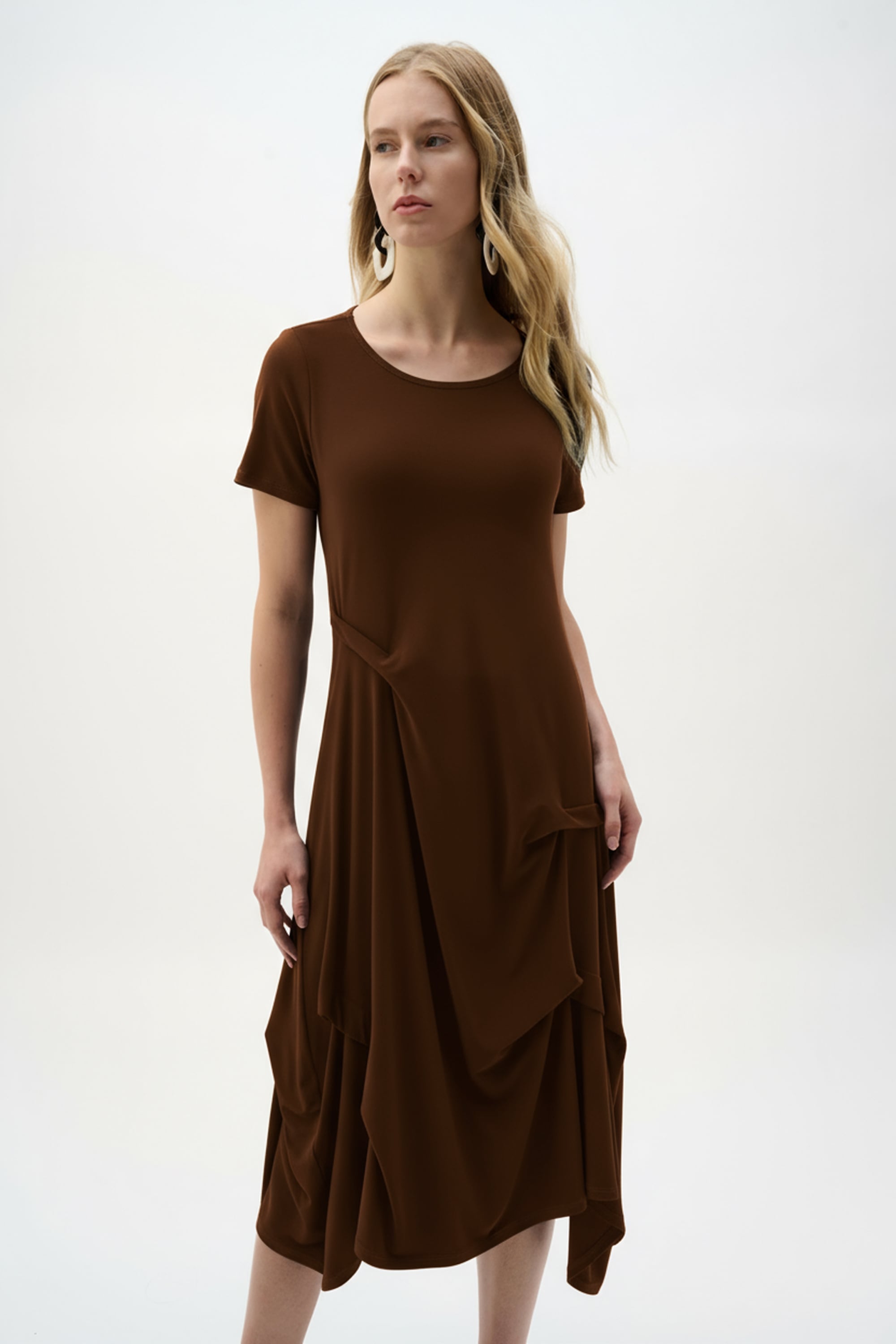 Silky Knit Trapeze Dress With Boat Neck