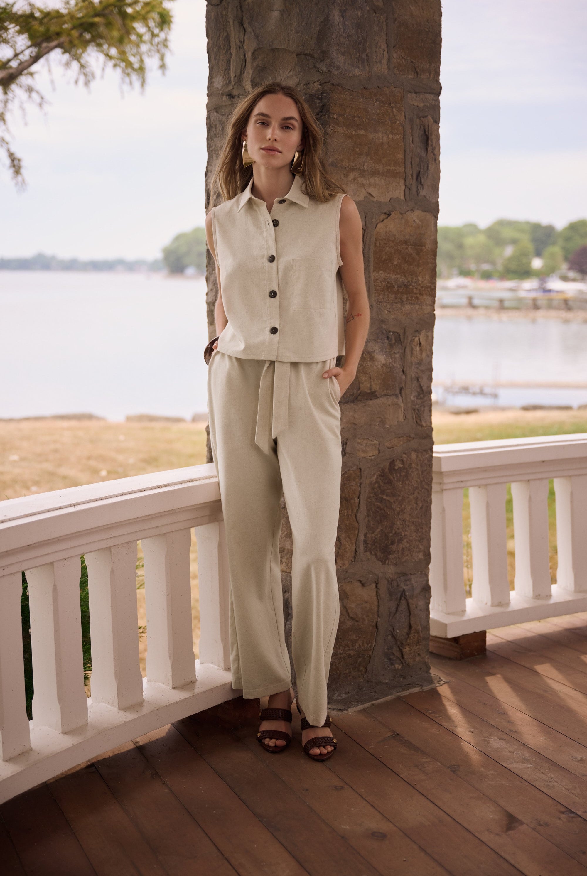 Linen Woven Pull-On Wide Leg Pants