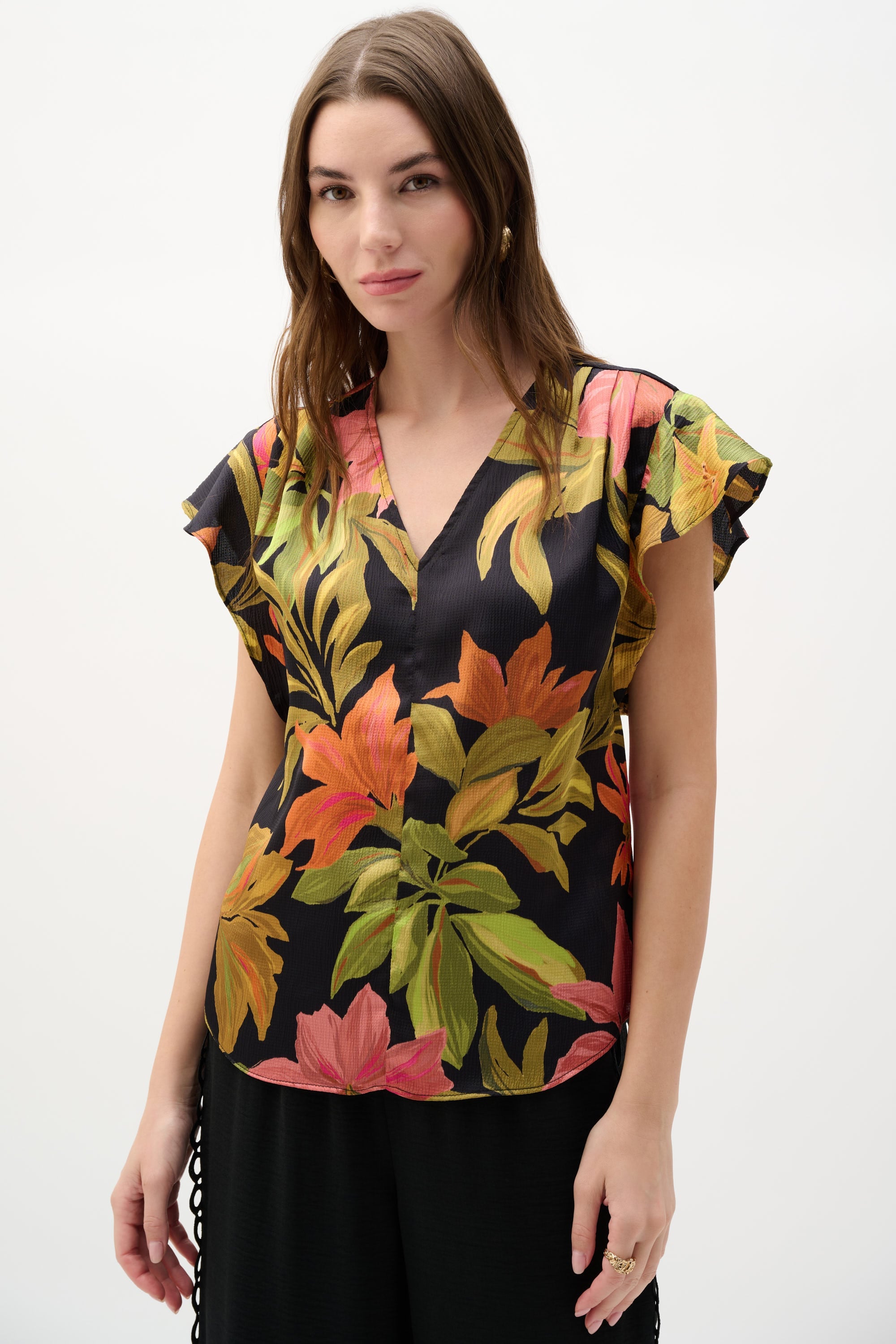 Satin Tropical Print Top With Butterfly Sleeves