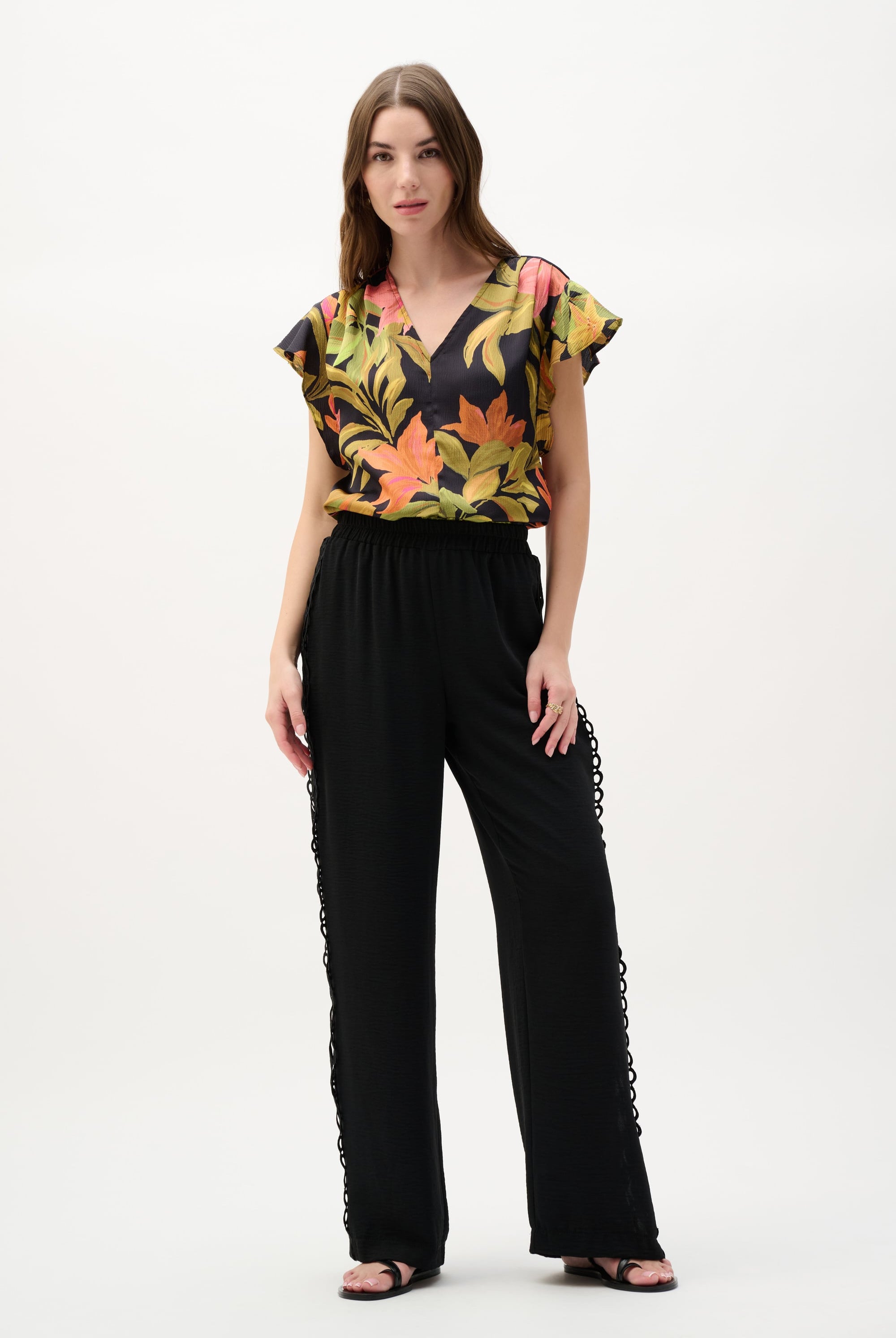 Satin Tropical Print Top With Butterfly Sleeves