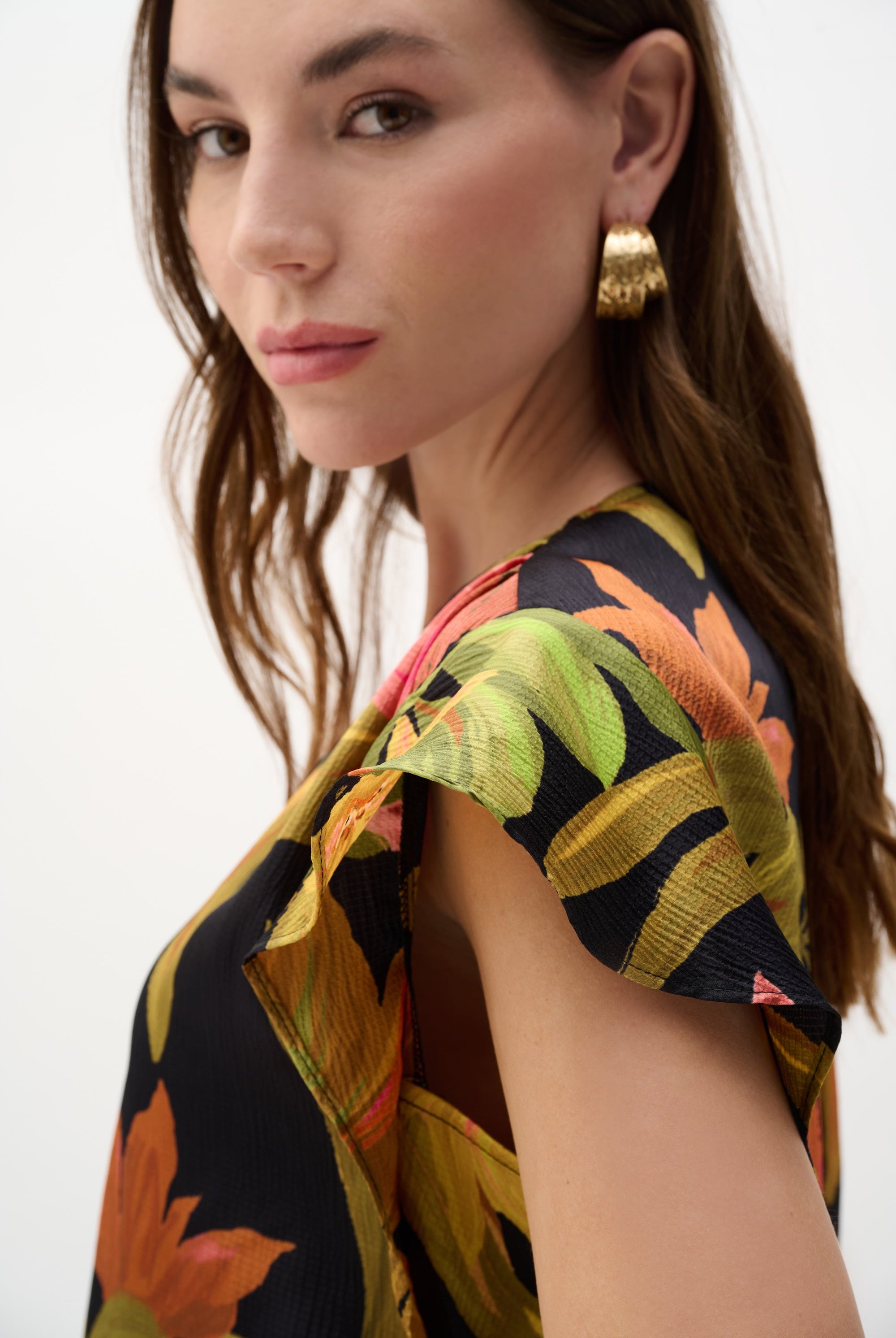 Satin Tropical Print Top With Butterfly Sleeves