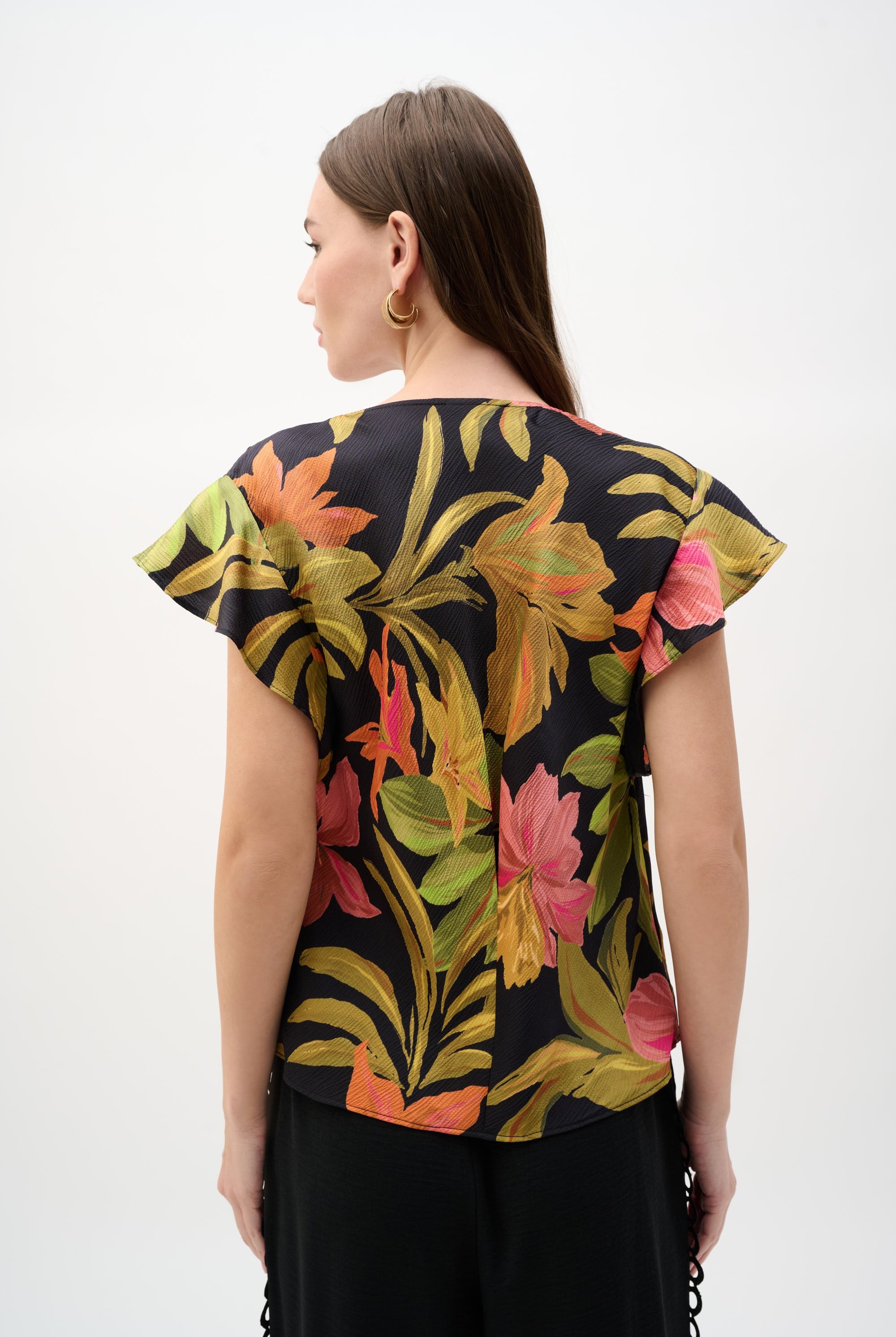 Satin Tropical Print Top With Butterfly Sleeves