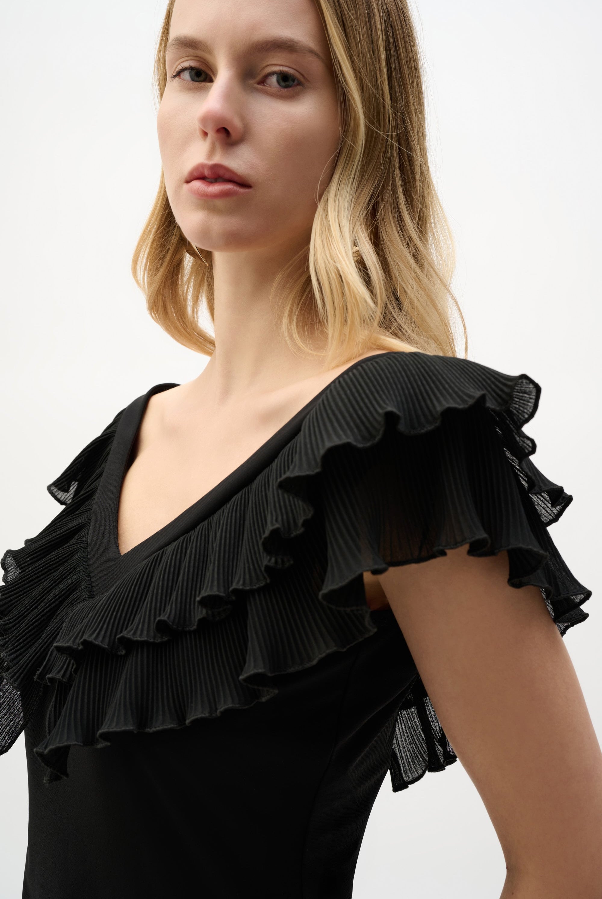 Silky Knit And Georgette Fitted Top With Pleats