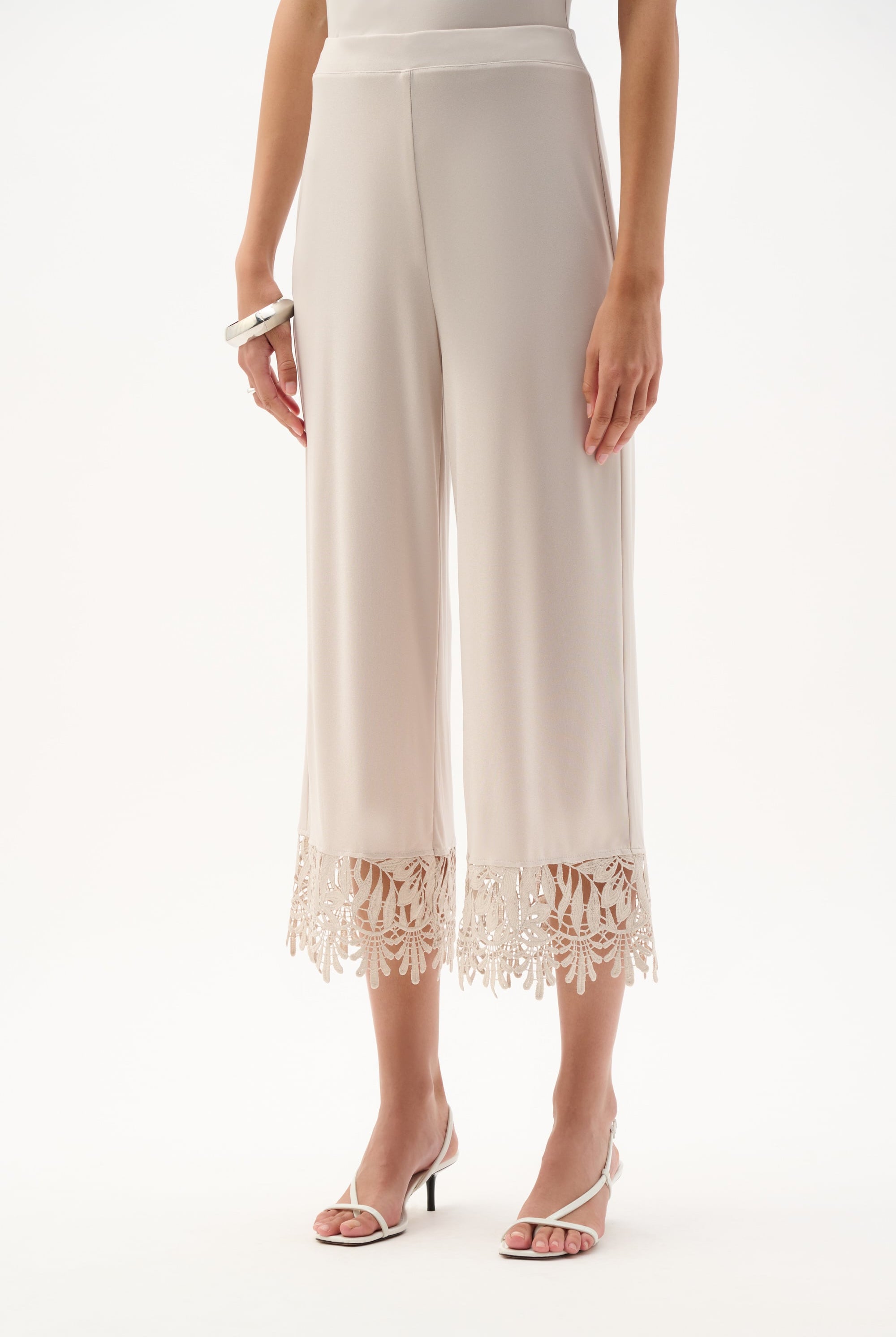 Silky Knit Culotte Pants With Guipure Lace Hem