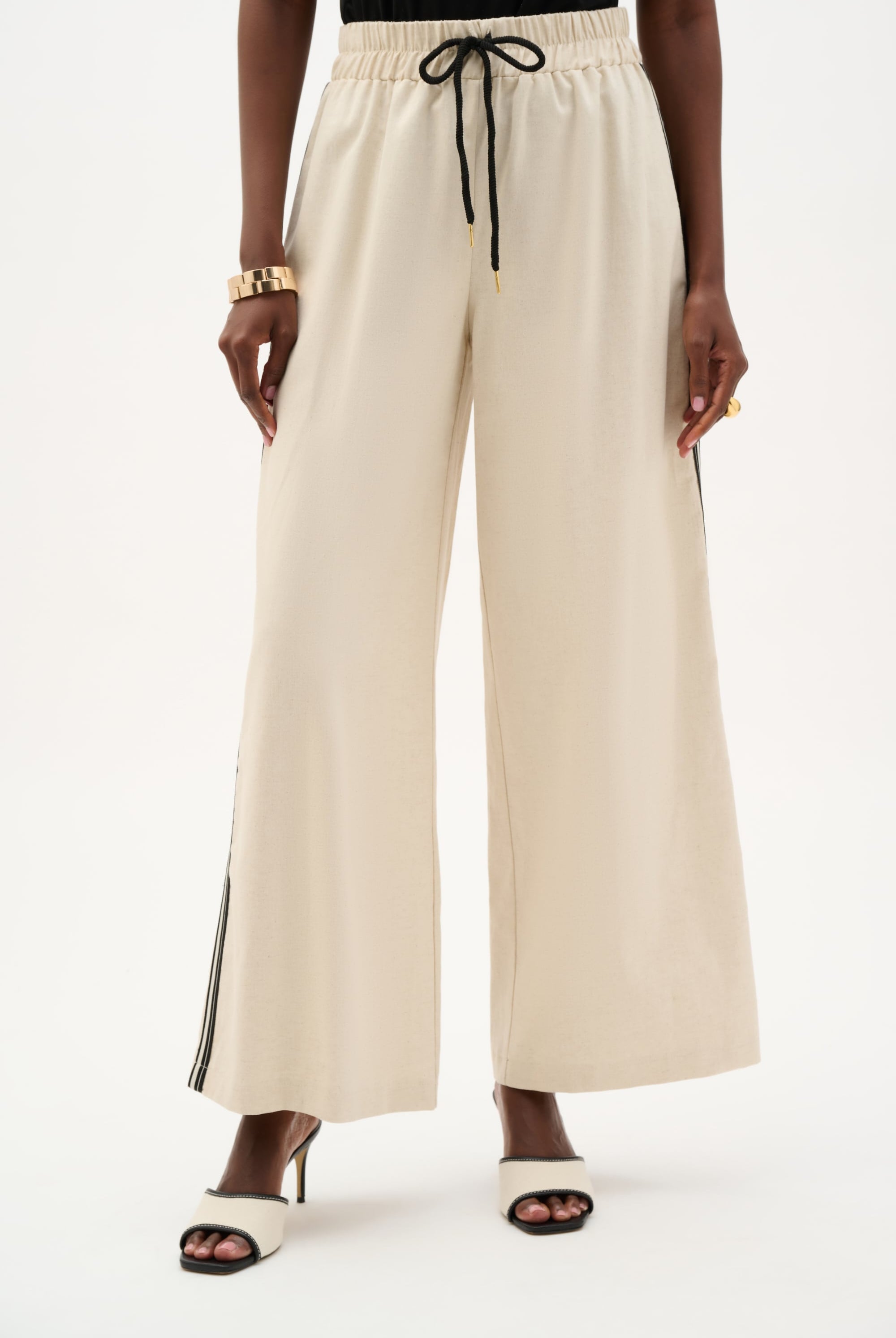 Woven Linen Wide Leg Pull-On Pants With Side Stripe