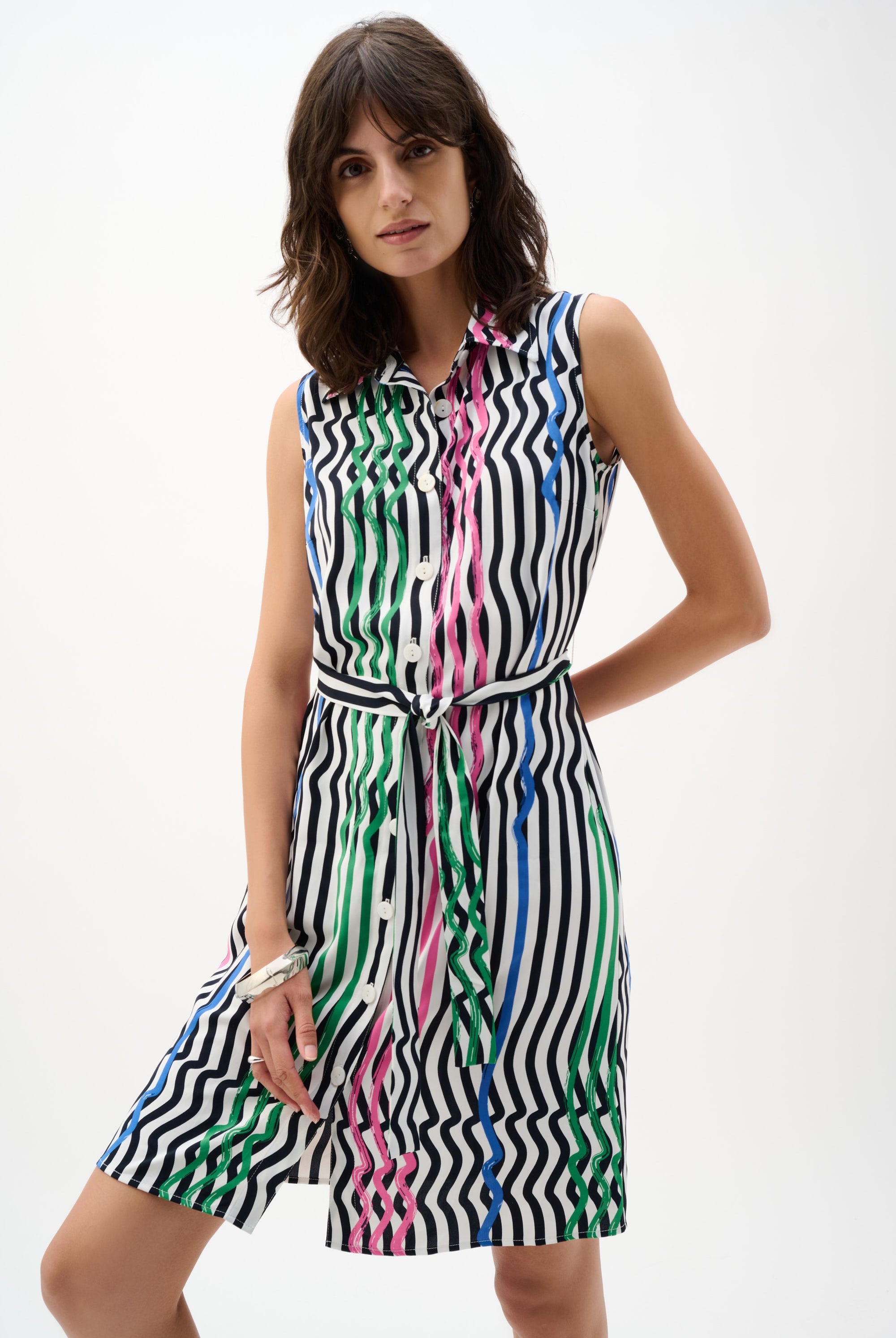 Woven Stripe Print Straight Dress With Waist Sash