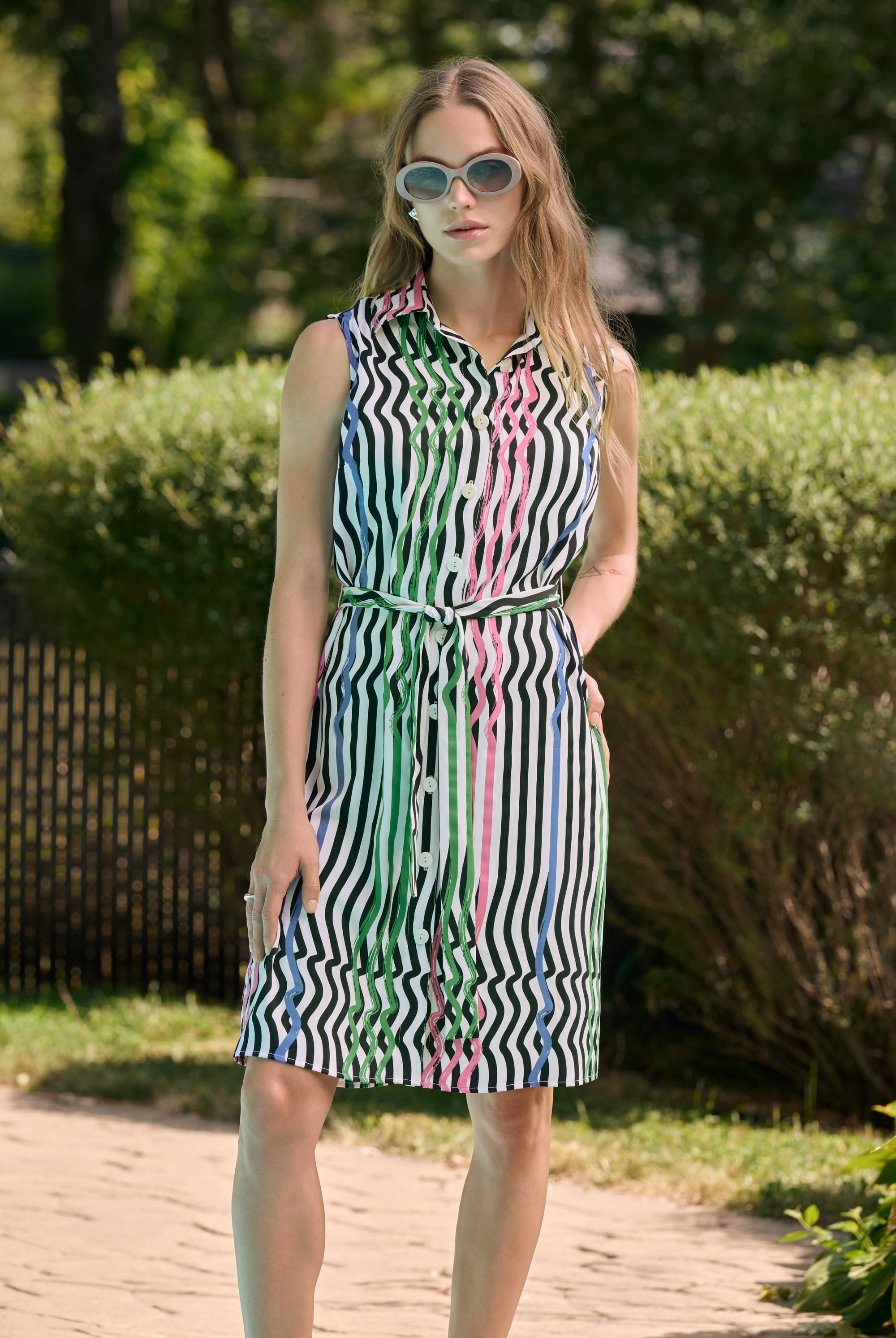 Woven Stripe Print Straight Dress With Waist Sash