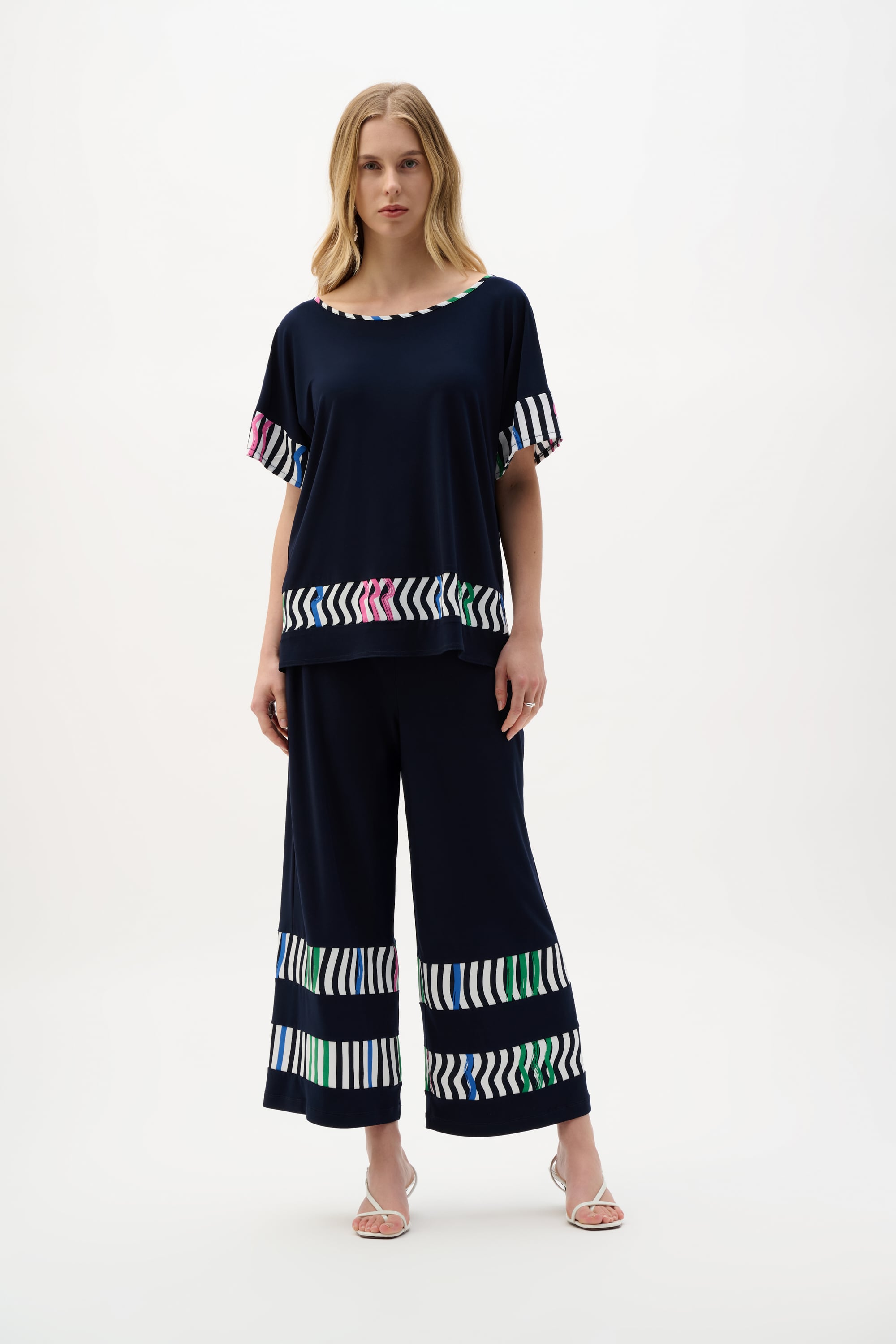 SIlky Knit And Woven Stripe Print Boxy Top