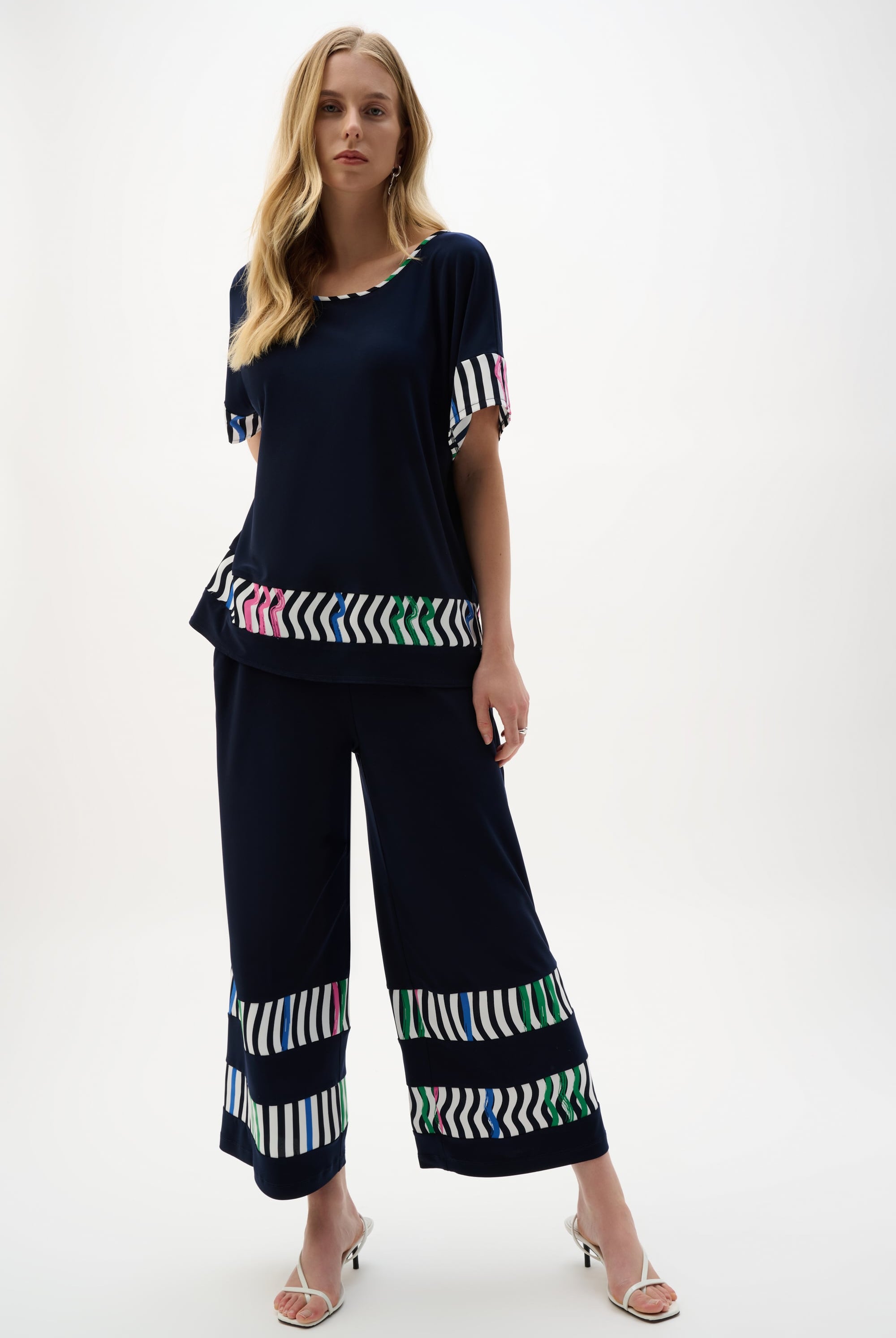 Silky Knit And Woven Stripe Print Culotte Pants