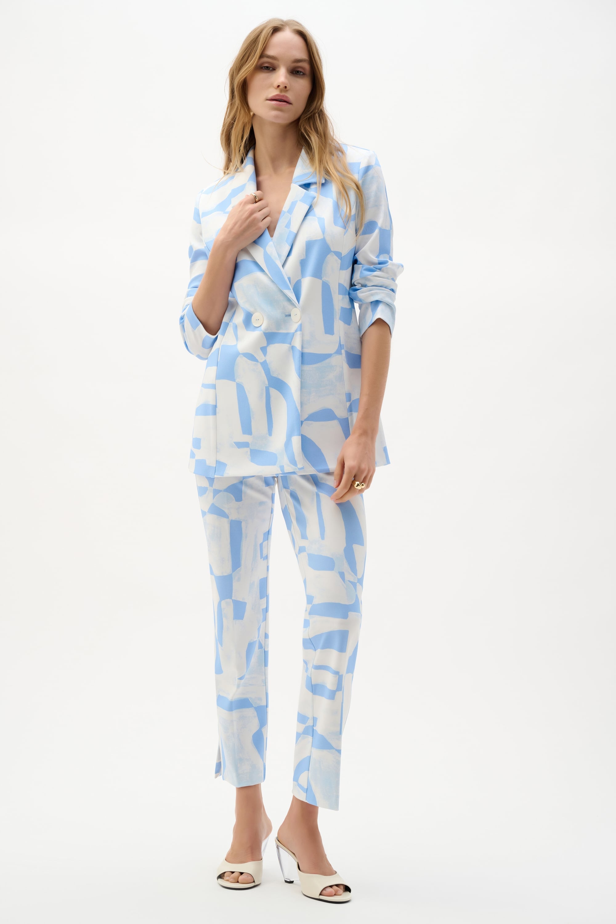 Silky Knit Geometric Print Straight Blazer