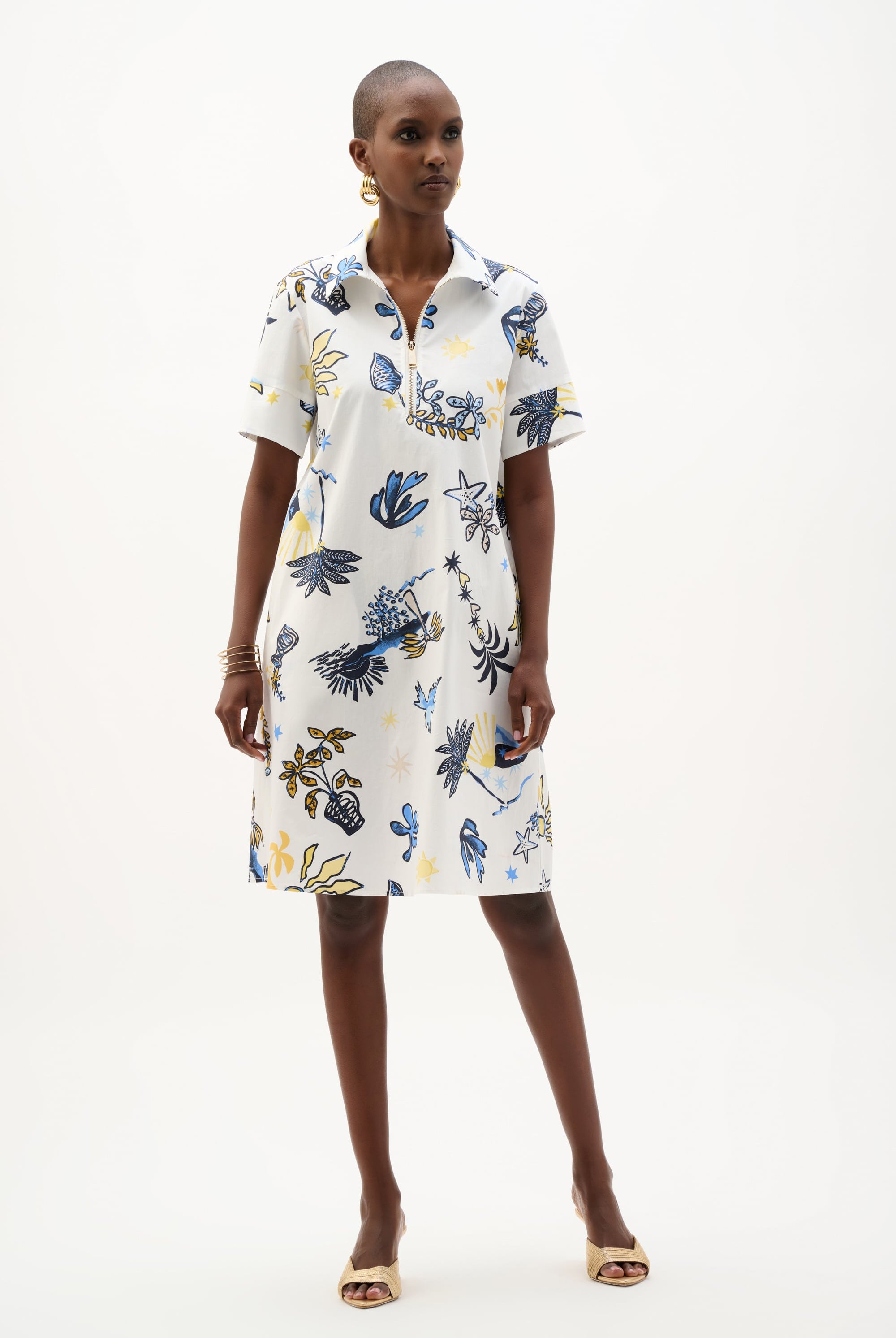 Stretch Cotton Tropical Print A-Line Dress