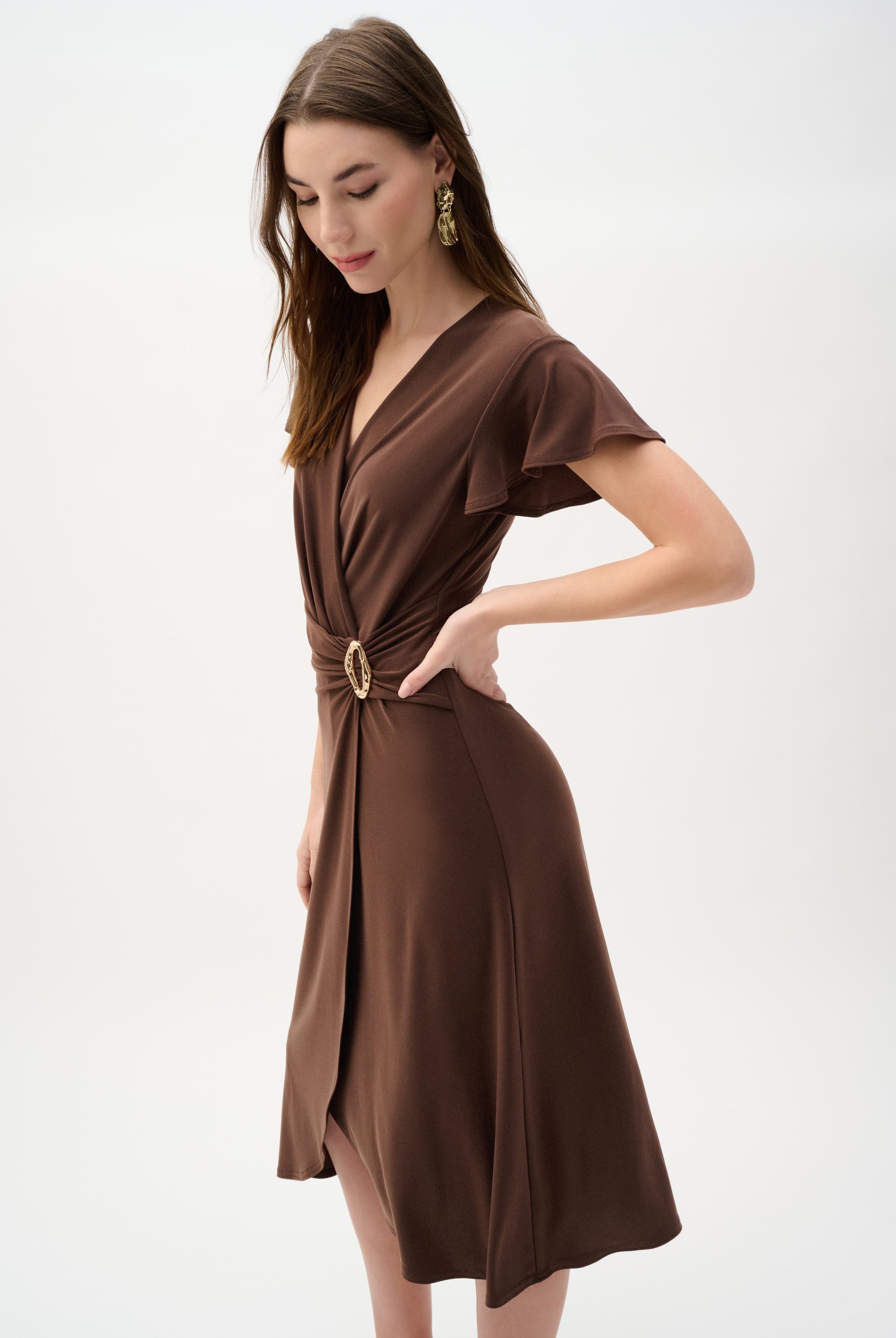 Silky Knit Wrap Dress With Ruffled Sleeves