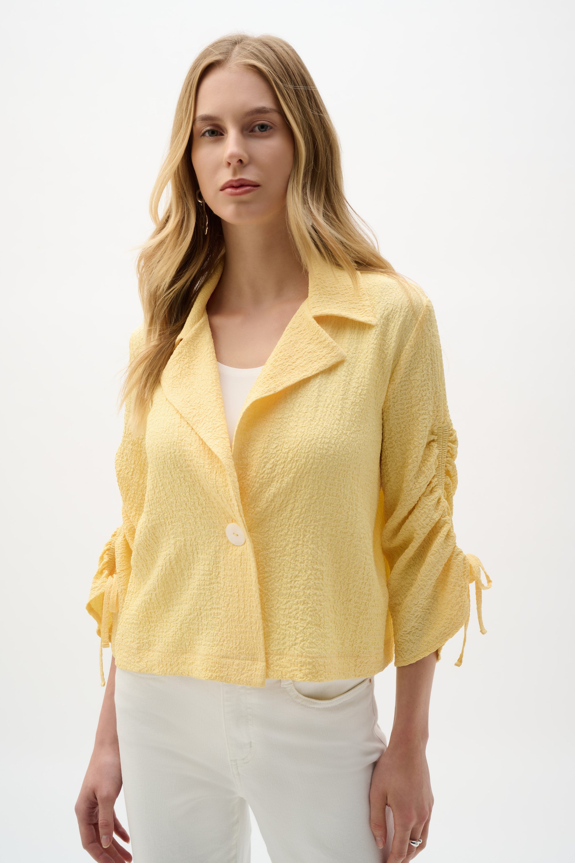 Woven Seersucker Boxy Blazer With Shirred Sleeves