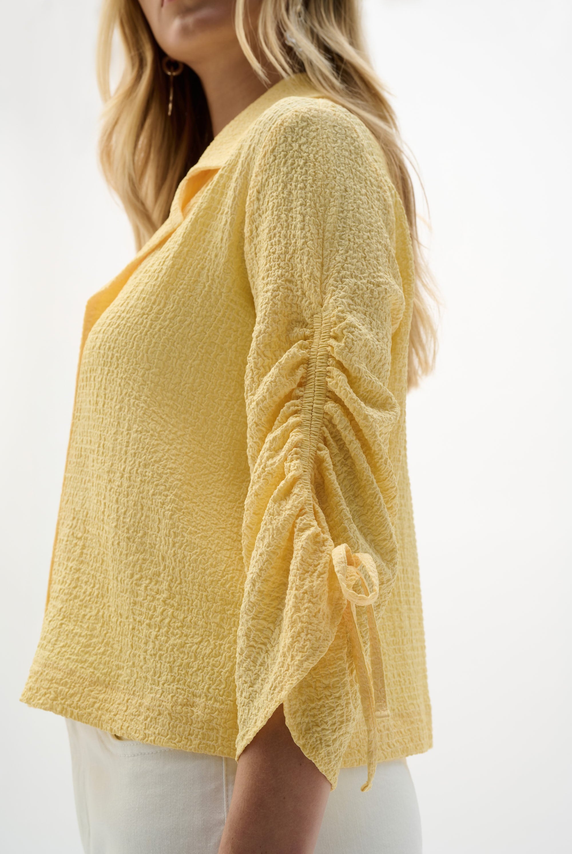 Woven Seersucker Boxy Blazer With Shirred Sleeves