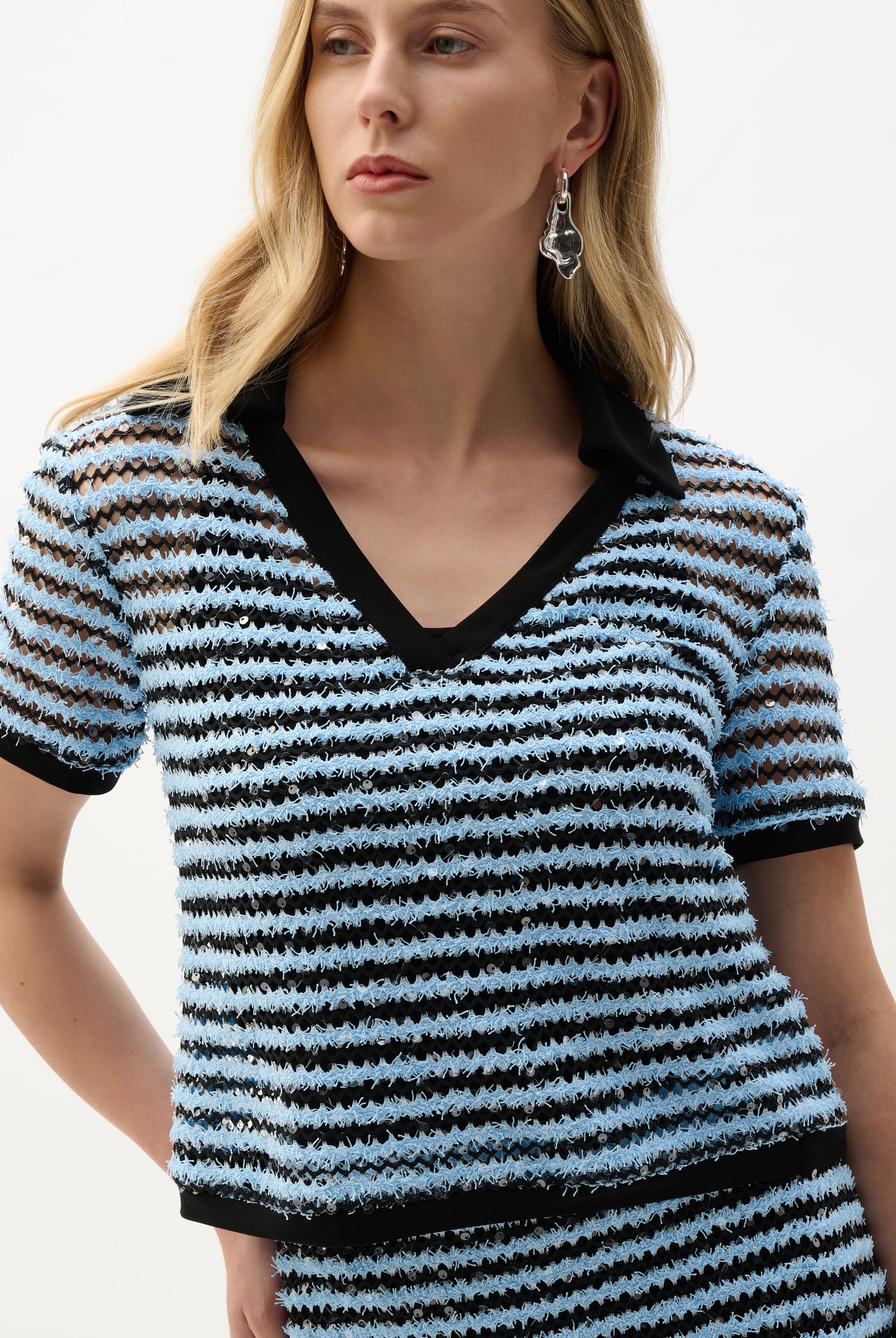 Novelty Stripe Boxy Top With Polo Collar