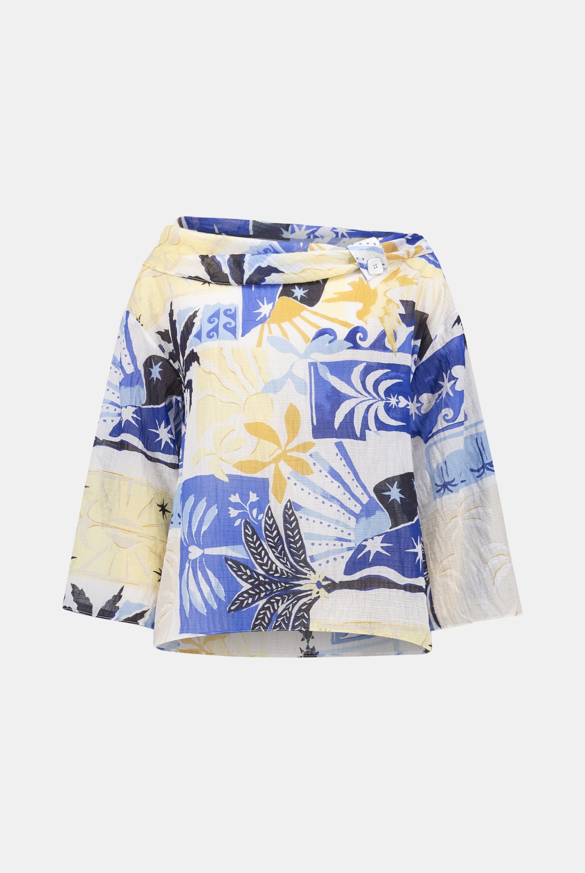 Sheer Woven Tropical Print Boxy Top With Cowl Neck