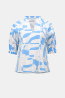 Joseph Ribkoff Stretch Cotton Geometric Print Straight Top With Puff Sleeves-262199