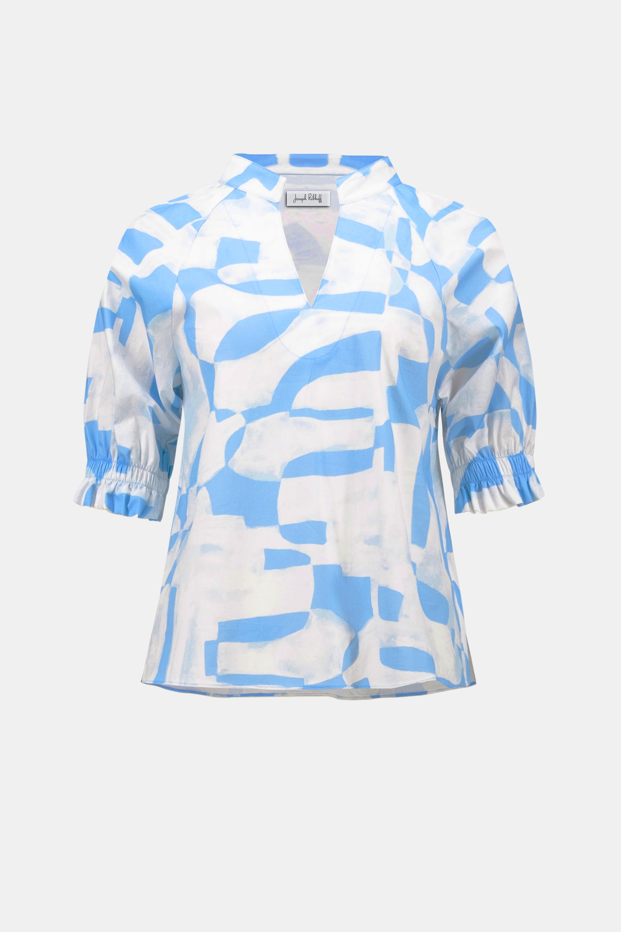 Joseph Ribkoff Stretch Cotton Geometric Print Straight Top With Puff Sleeves-262199