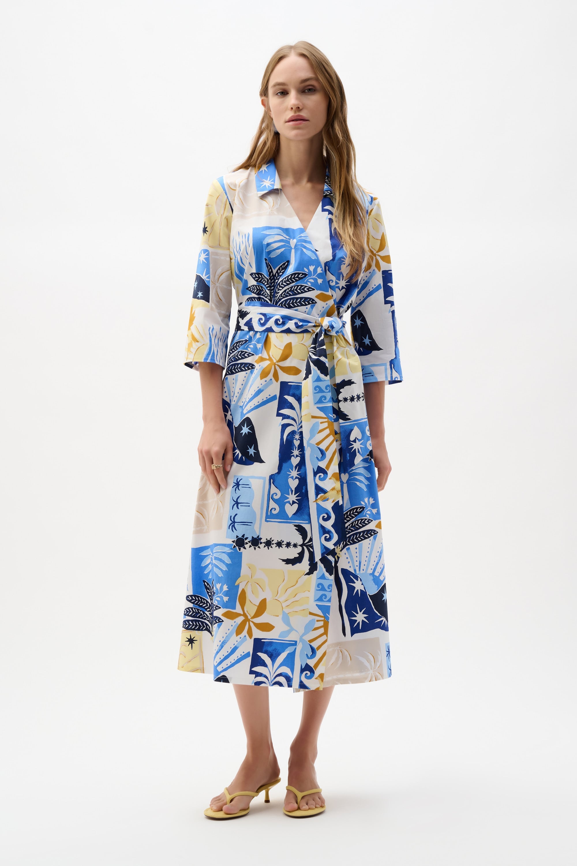 Stretch Cotton Tropical Print A-Line Wrap Dress