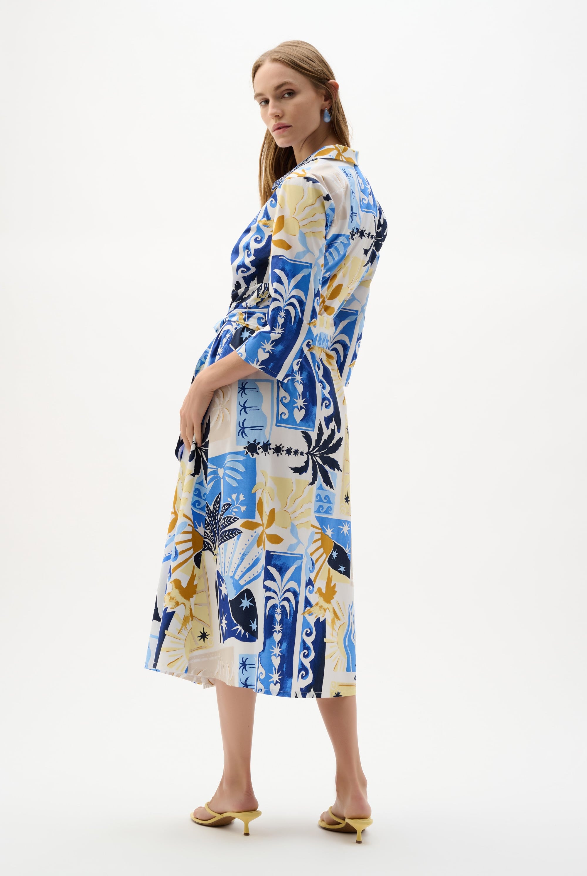 Stretch Cotton Tropical Print A-Line Wrap Dress
