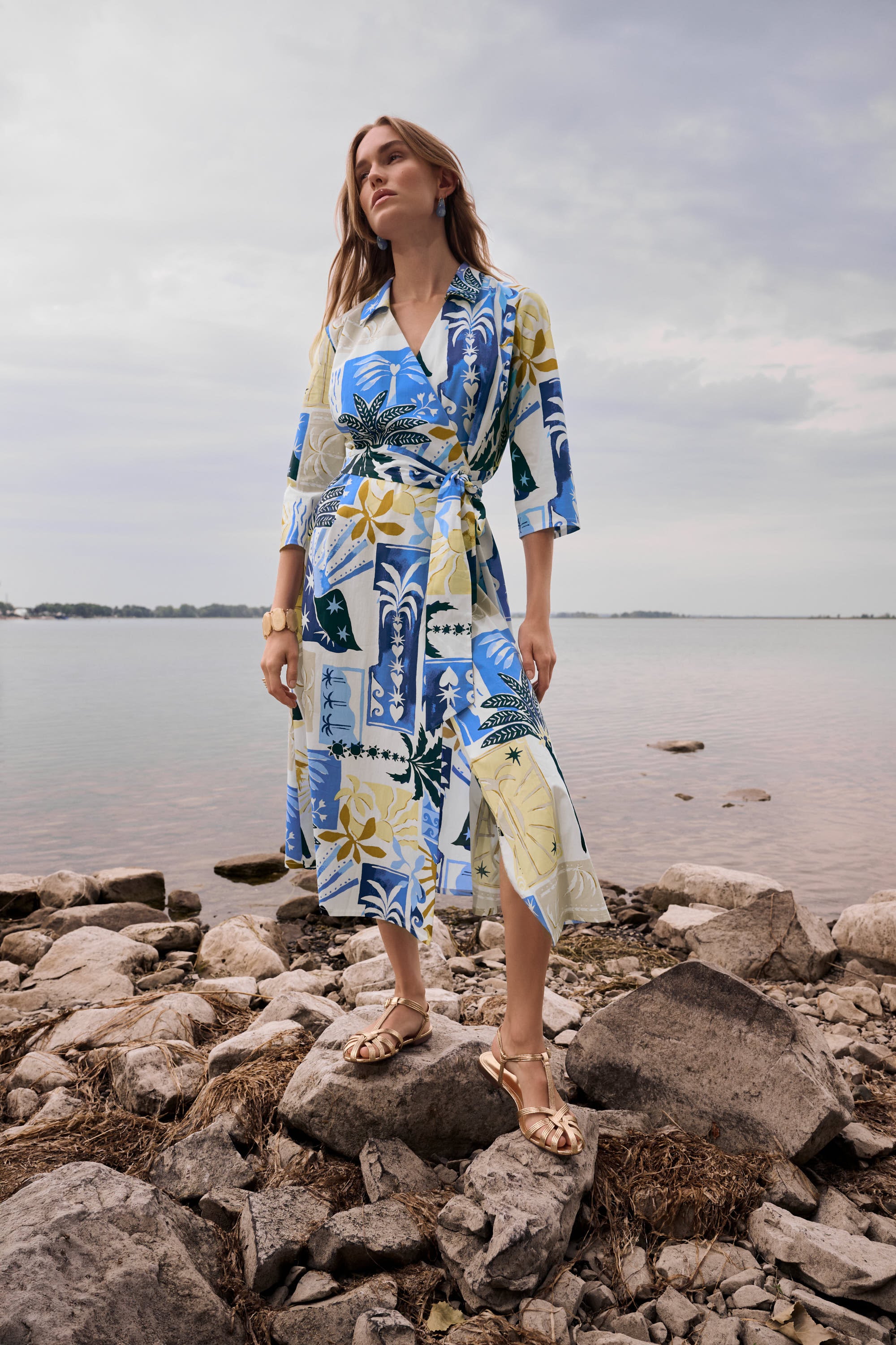 Stretch Cotton Tropical Print A-Line Wrap Dress
