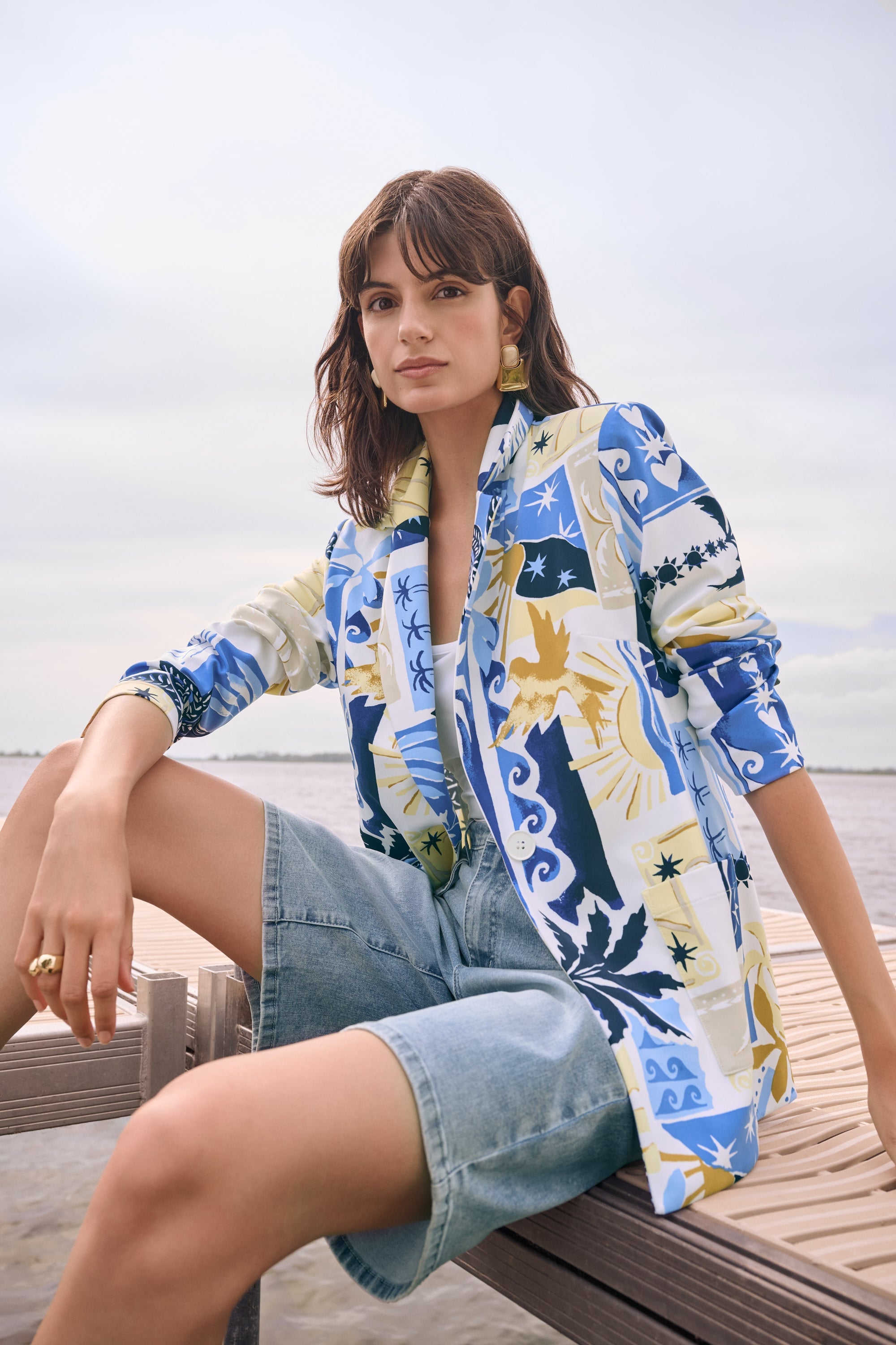Silky Knit Tropical Print Fitted Blazer