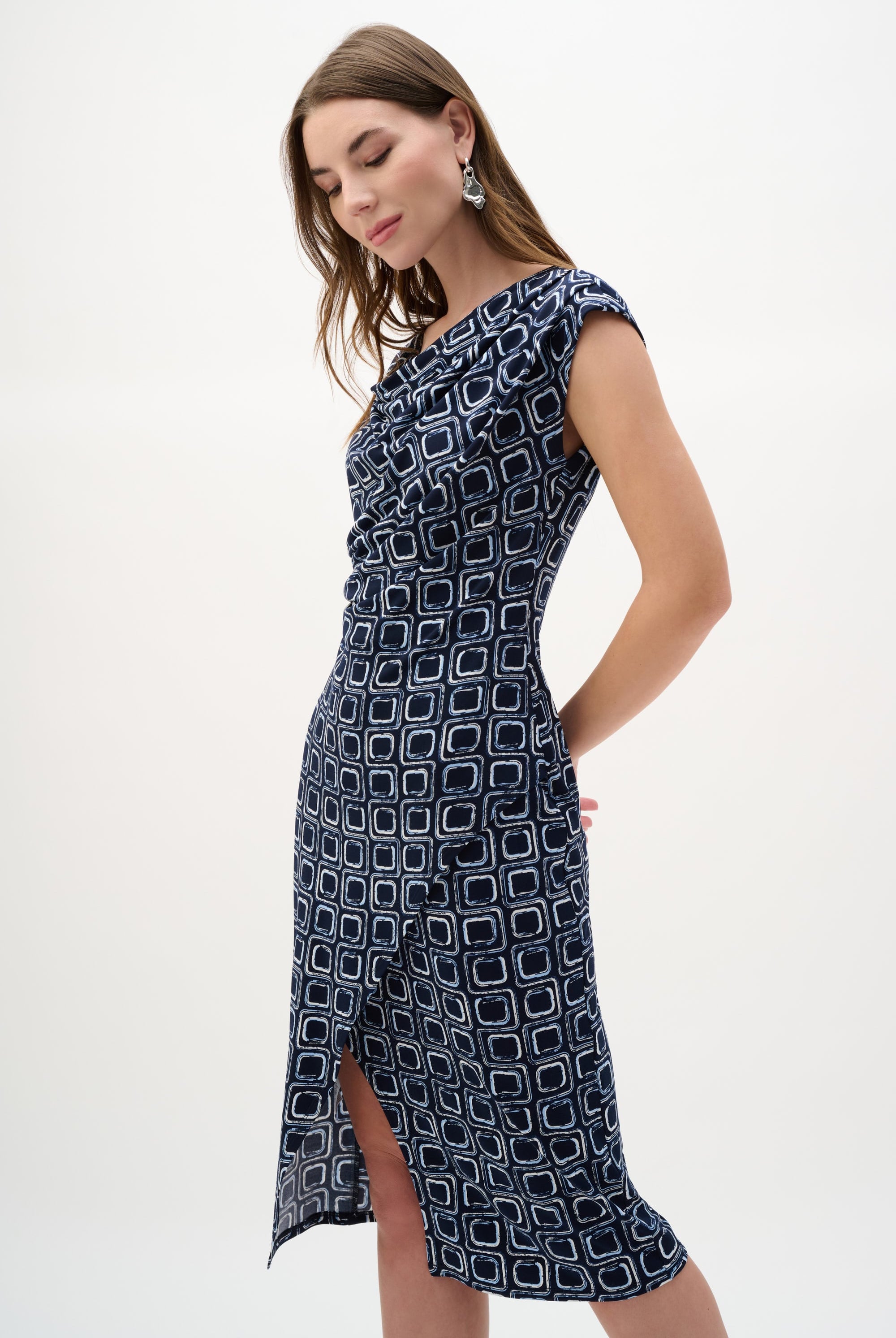 Silky Knit Geometric Print Sheath Wrap Dress