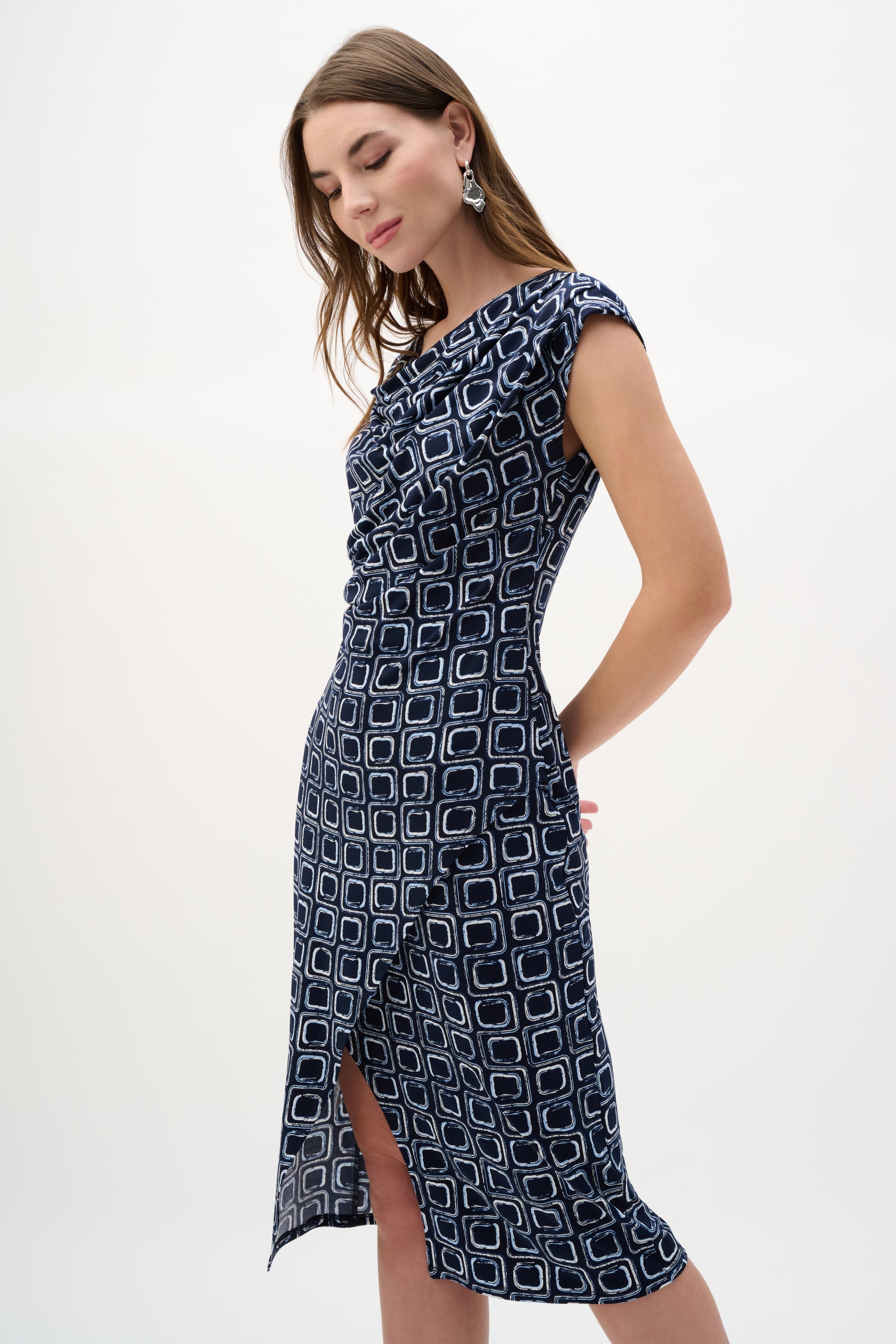 Silky Knit Geometric Print Sheath Wrap Dress
