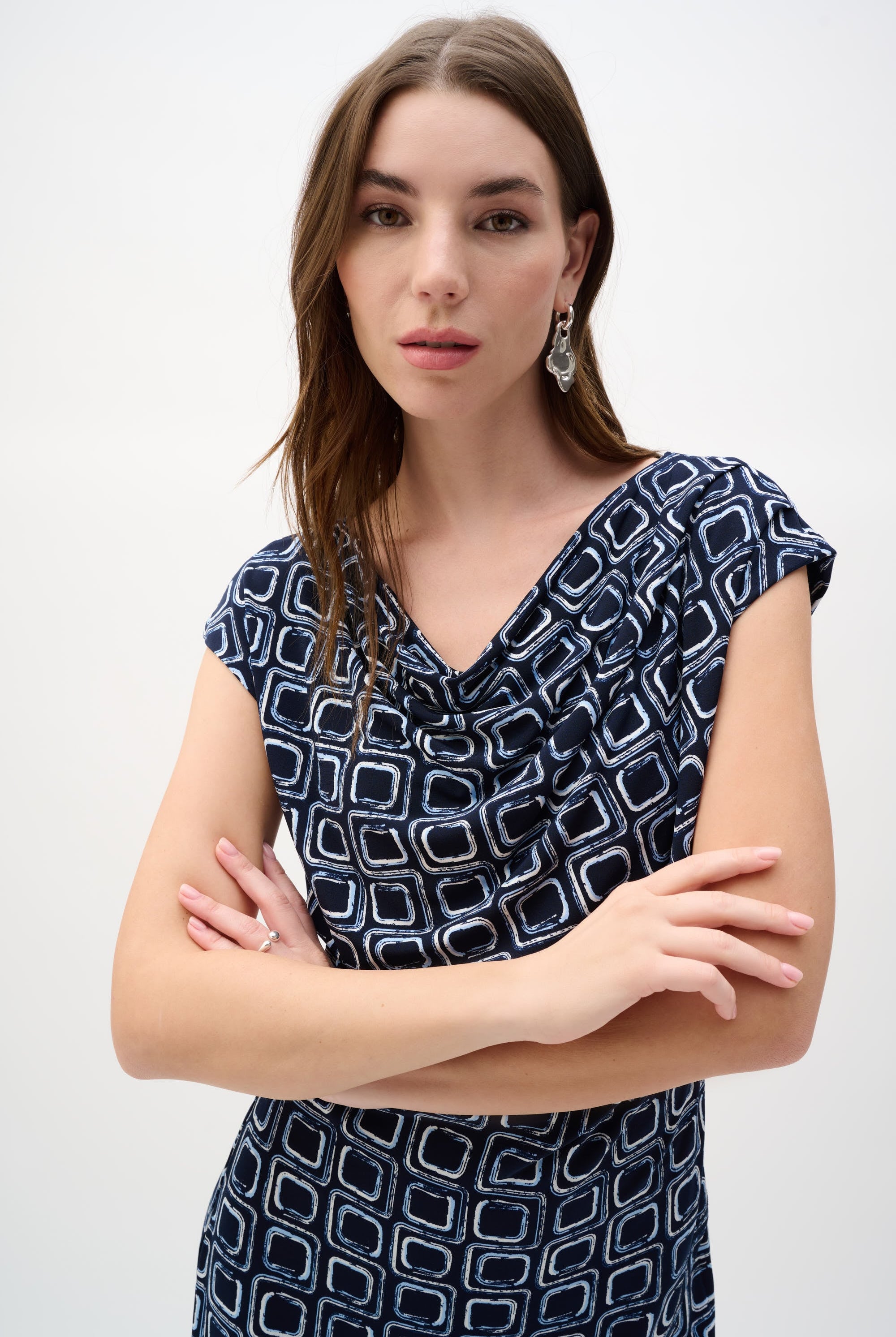 Silky Knit Geometric Print Sheath Wrap Dress